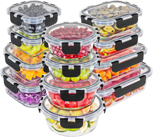 Magic Mill Glass Storage Containers with lids Set | Ultimate 24pc Sets with 12 Food Storage Containers & 12 Airtight Locking Lids for Lunch, Meal Prep, Fridge, Freezer, and Dishwasher Safe, BPA-Free