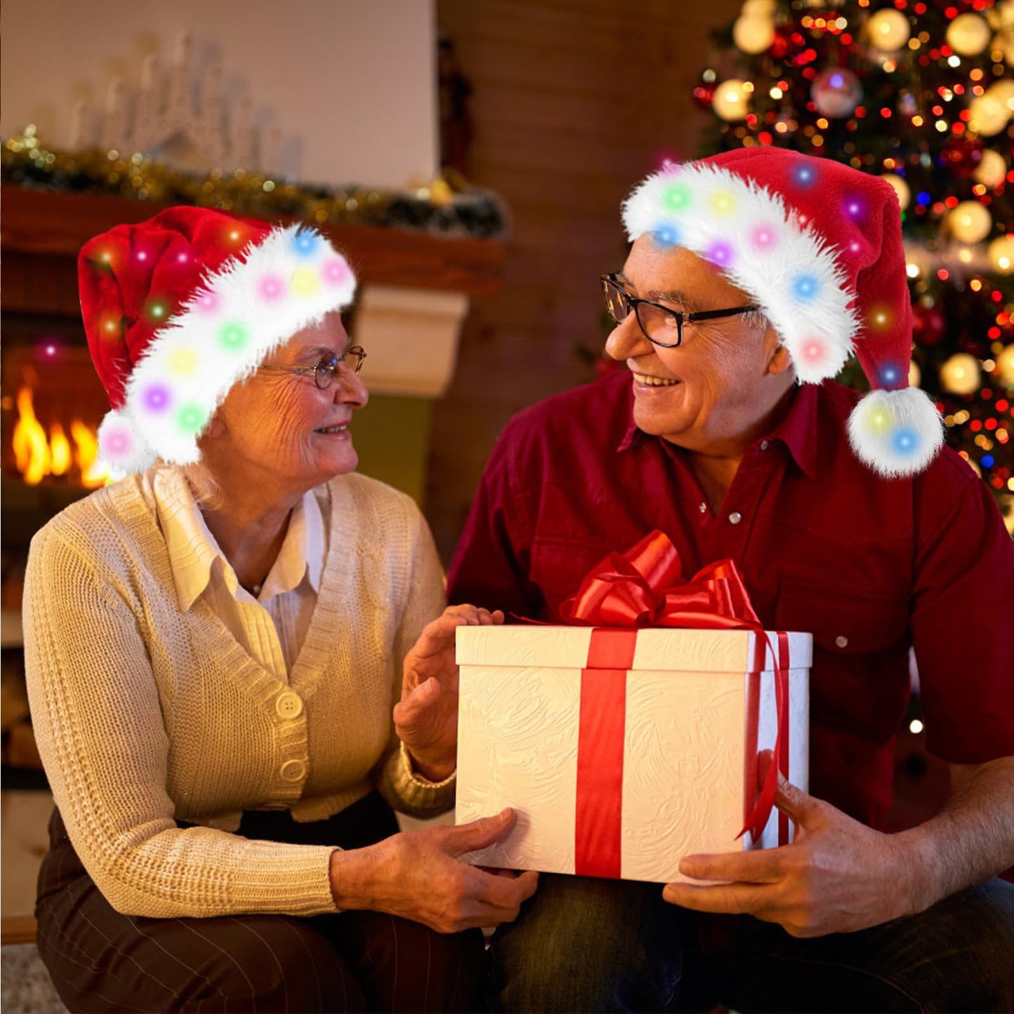 OGAJO Christmas Hat for Adults Led Light Santa Hats Red Velvet Extra Thicken Unisex Xmas Hat for New Year Festive Holiday Party