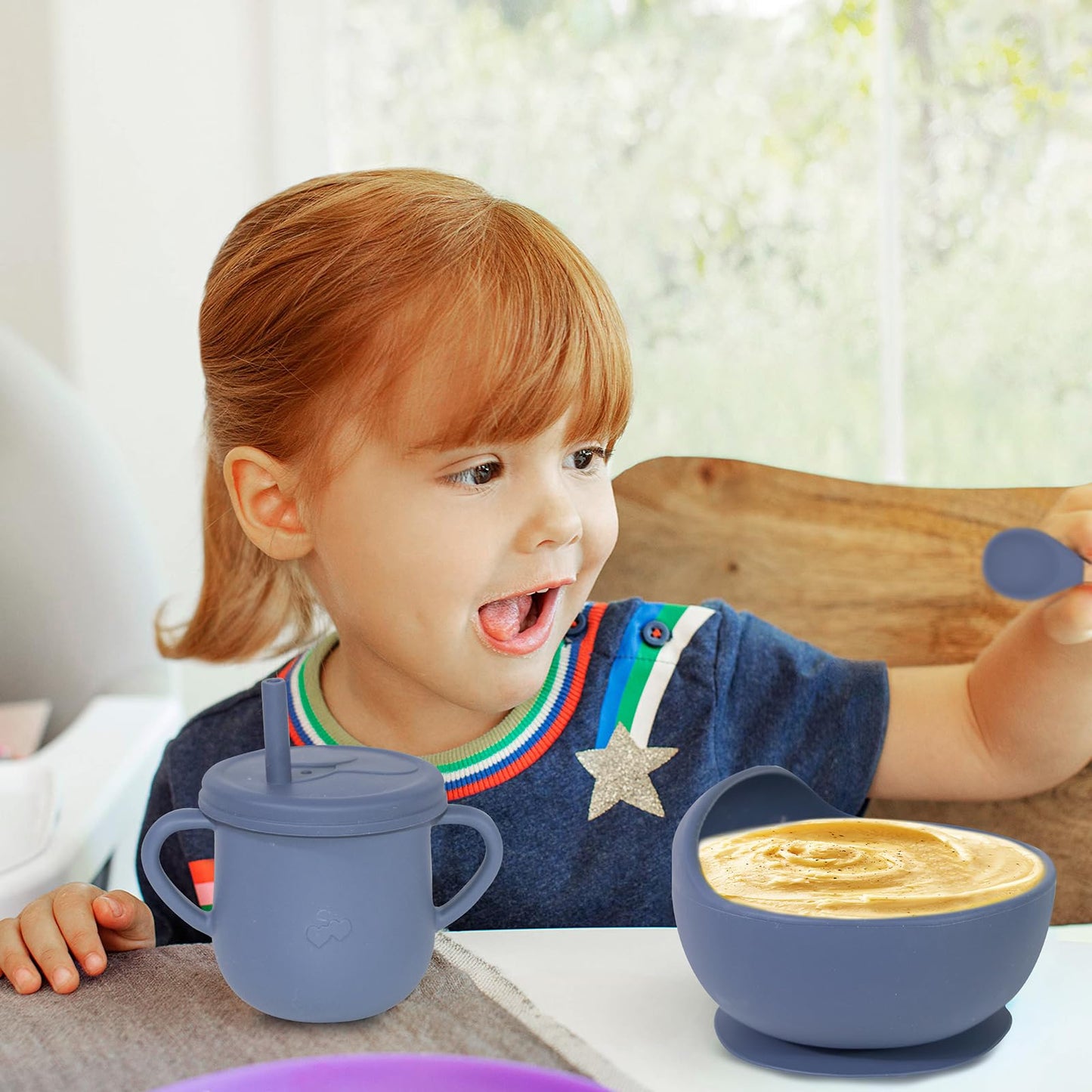 Dormlony 100% Silicone Baby Feeding Set,BPA Free Baby Dishes Set with Suction Bowl Divided Plate,Toddler Self Feeding Dish Set with Spoons Forks Sippy Cup and Bib, Baby Eating Utensils (Navy Blue)