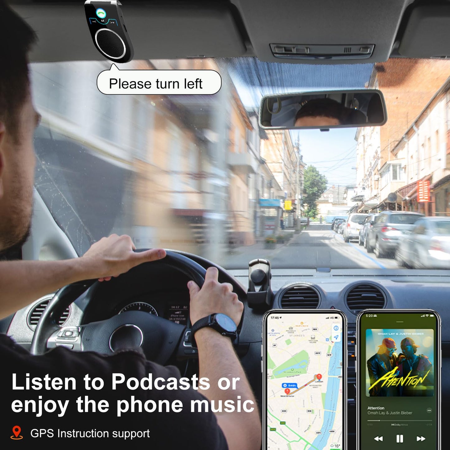 Bluetooth 5.0 Car Speaker, in Car Speakerphone, Bluetooth Receiver for Cell Phone Support Siri Google Voice Assistant, Built in Microphone&3W Speaker for Handsfree Calls, GPS, Music