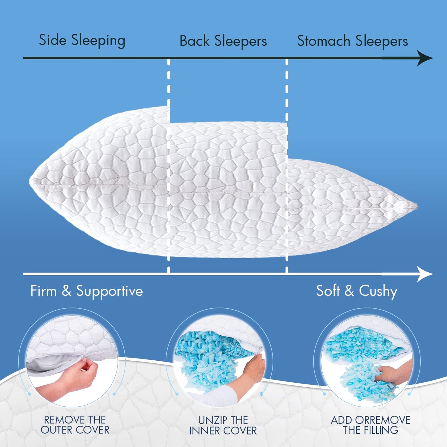 SUPA MODERN Cooling Bed Pillows for Sleeping 2 Pack Shredded Memory Foam Pillows Queen Size Set of 2, Adjustable Cool Pillow for Side Back Stomach Sleepers Luxury firm Gel Pillows for Neck Pain Relief