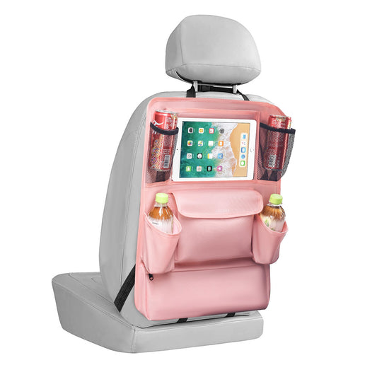 LUCMO Car Backseat Organizer with Touch Screen Tablet Holder,9 Storage Pockets Storage Organizer,Protectors Kick Mats Travel Accessories (Black, 2 Pack with Food Tray)