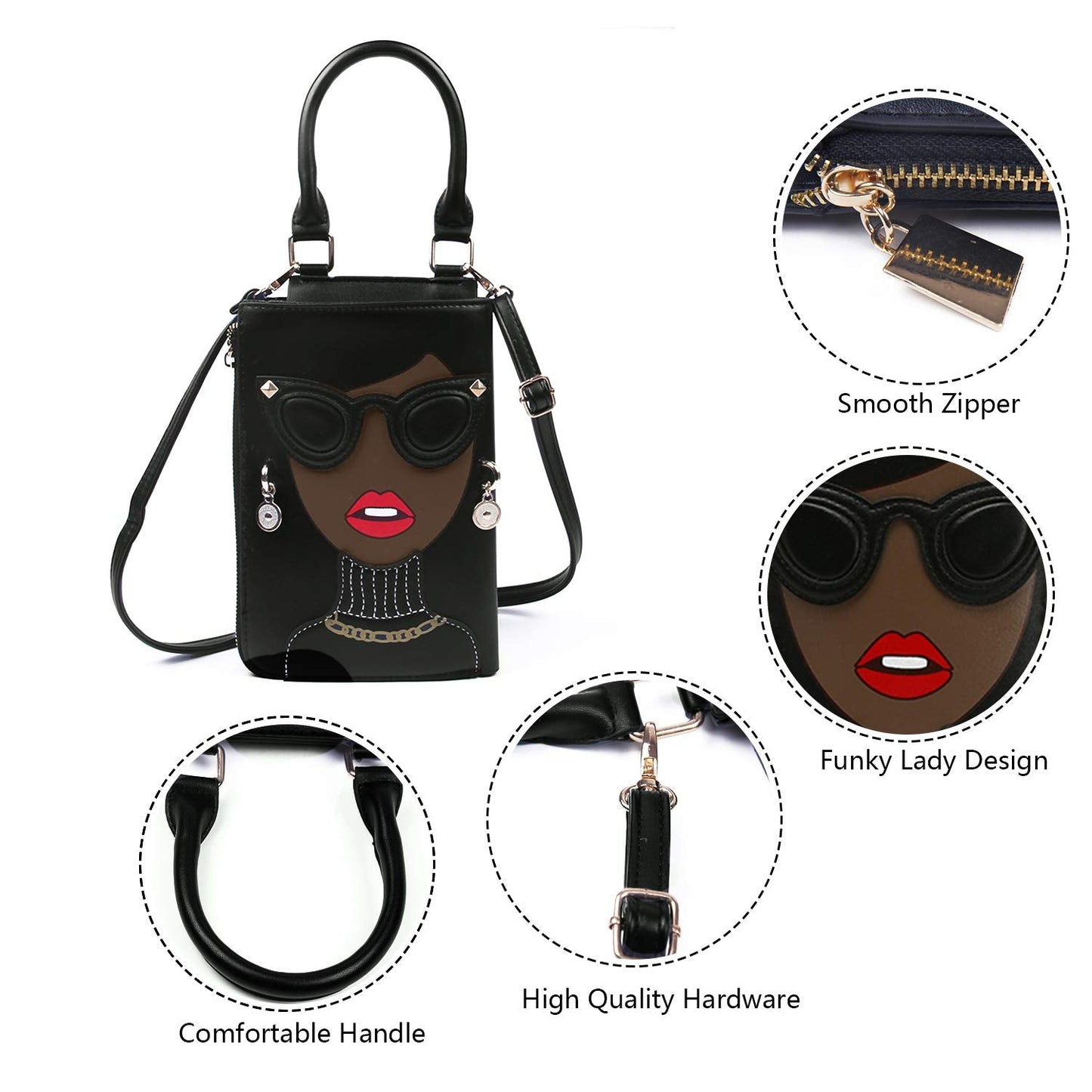 KUANG! Women Novelty Lady Face Shoulder Bags Funky PU Leather Top Handle Satchel Handbags Clutch Purse for Women