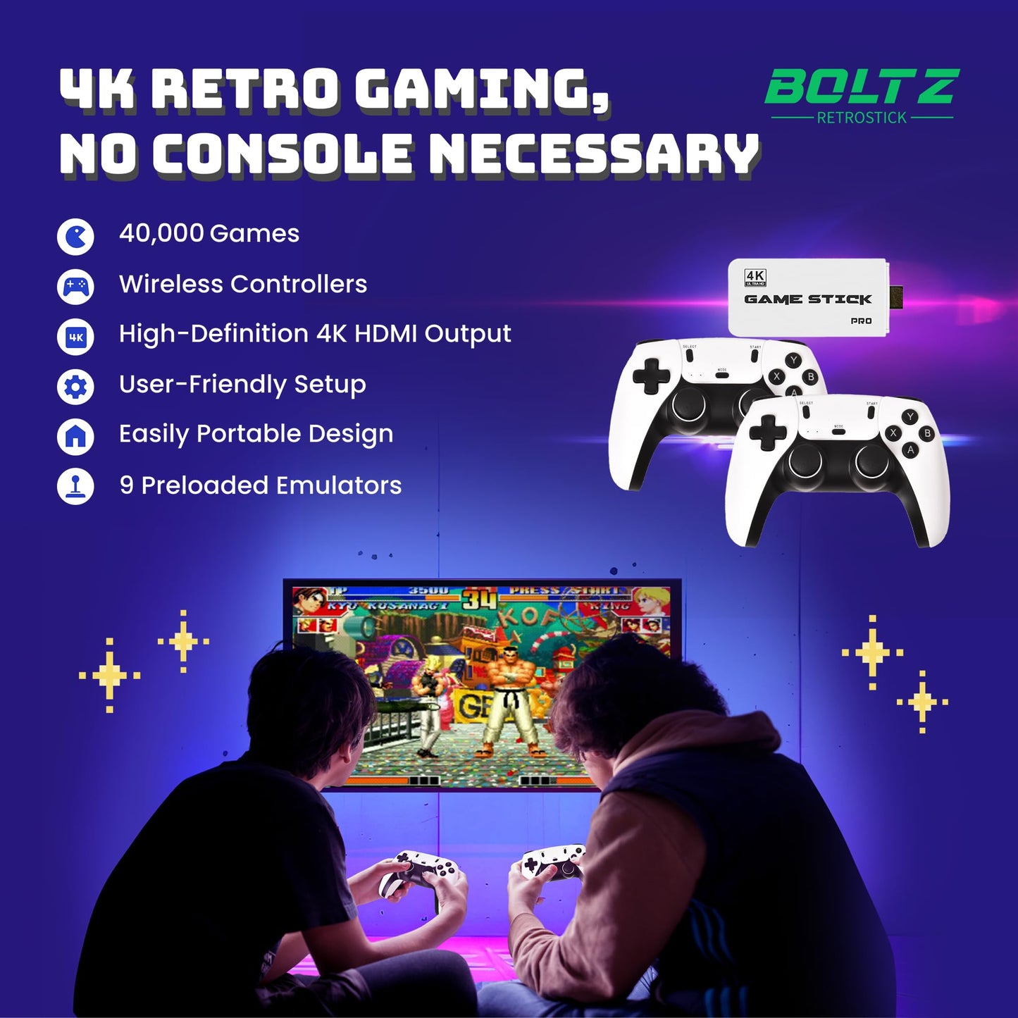 Boltz Retro Stick Gaming Stick – Retro Gaming Console with 40,000+ Classic Video Games, 9 Emulators, 128GB Storage, Plug & Play 4K HDMI Output, Includes 2 Wireless 2.4GHz Controllers