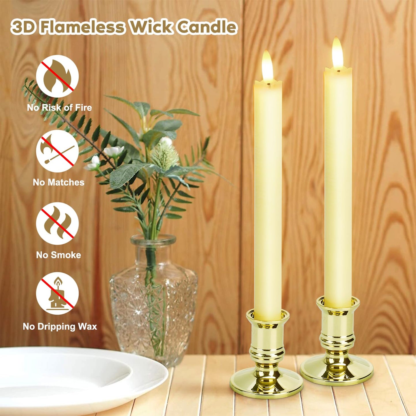 6 Pack Flameless LED Taper Candles With 2 Remotes, Fake Candles With Holders, Battery Operated Pillar 3D Flame Real Wax for Home Decor, Wedding, Table, Festival, Halloween, Christmas