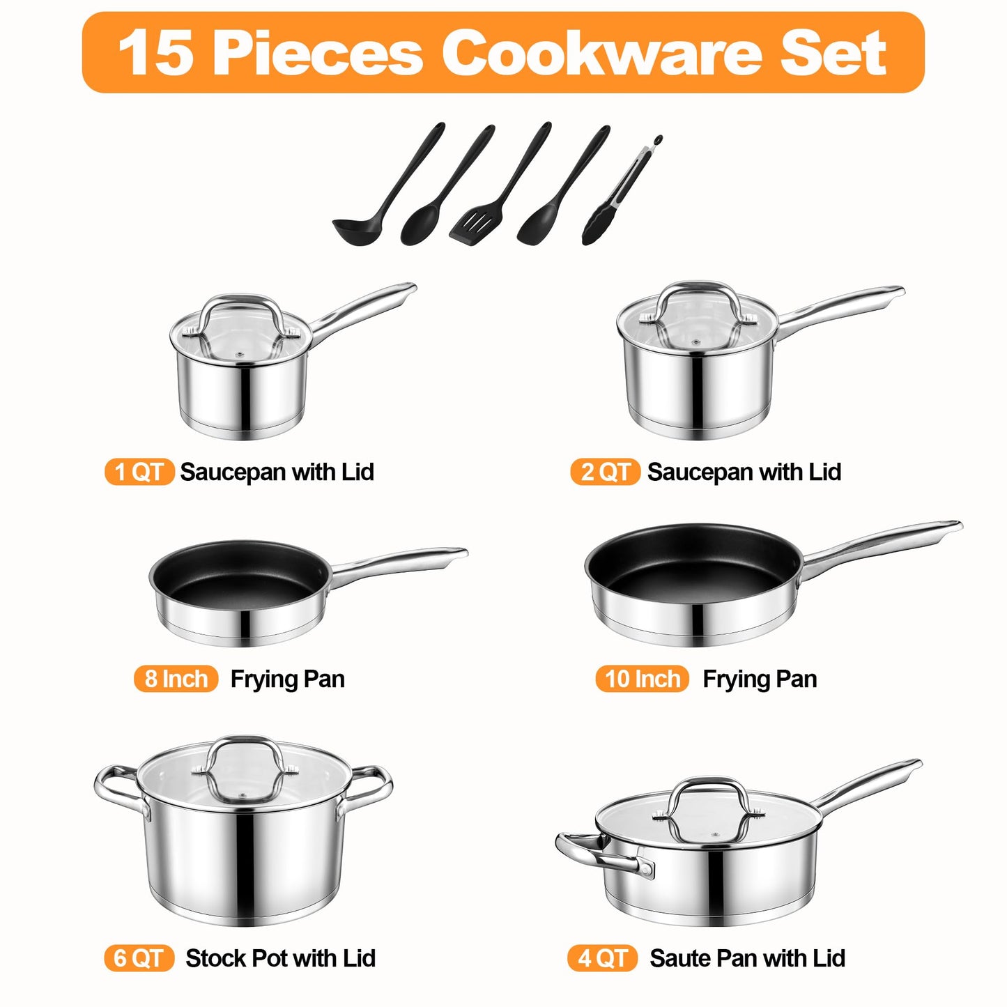 LIANYU 15Pcs Stainless Steel Cookware Set, Pots and Pans Kitchen Cooking Set with Utensils, Included Frying Saute Pans, Saucepans and Stock Pot, Works with All Stoves, Dishwasher & Oven Safe