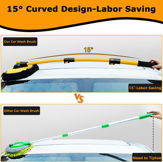 15°Curved Car Wash Brush with Long Handle 43" Extension Pole RV Truck Microfiber Cleaning Mop Auto SUV Wheel Boat Exterior Interior Detailing 2 in 1 Carwash Duster Not Hurt Paint Scratch Free