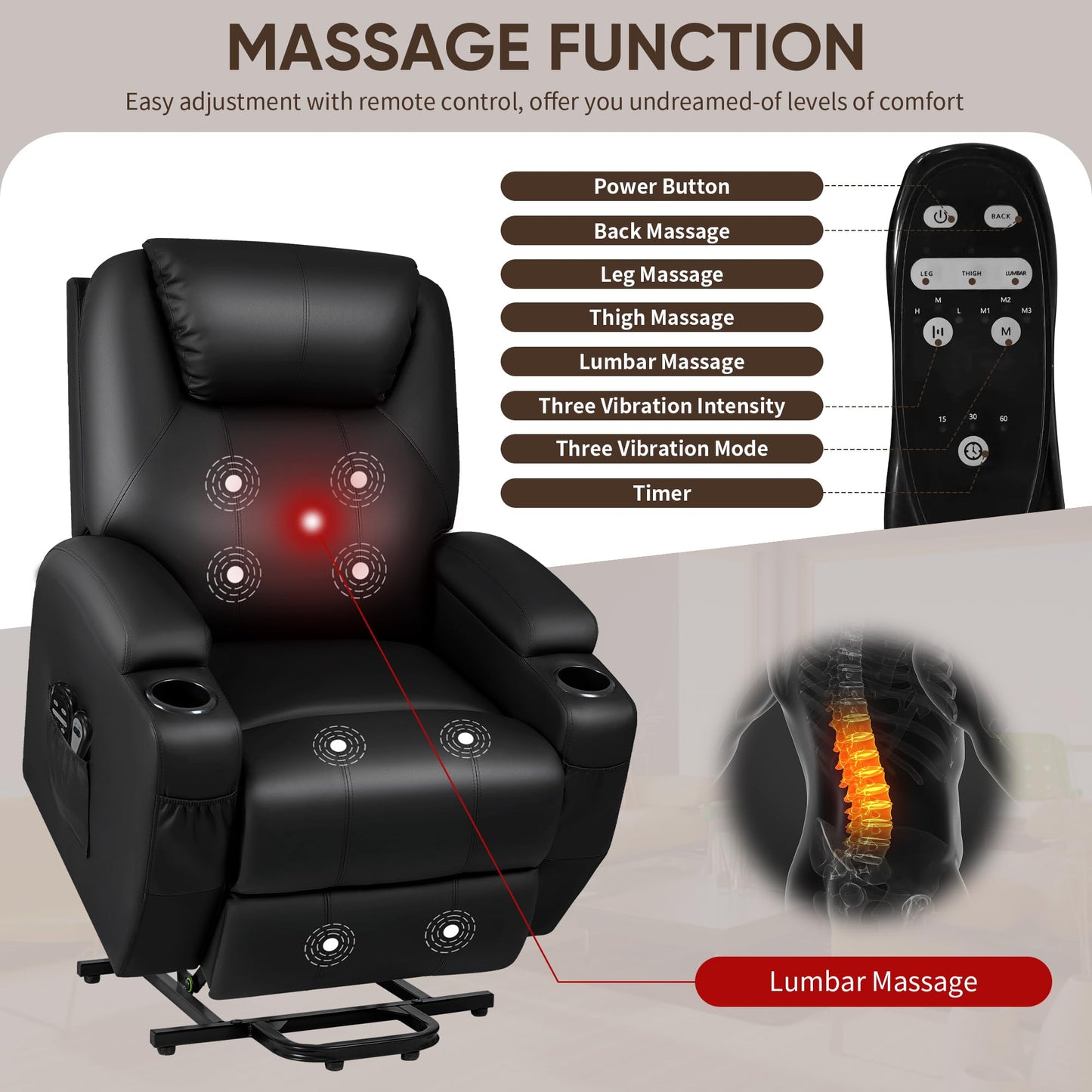 JUMMICO Power Lift Recliner Chair with Massage for Elderly PU Leather Modern Reclining Sofa Chair with Cup Holders, Remote Control, Adjustable Furniture (Black)