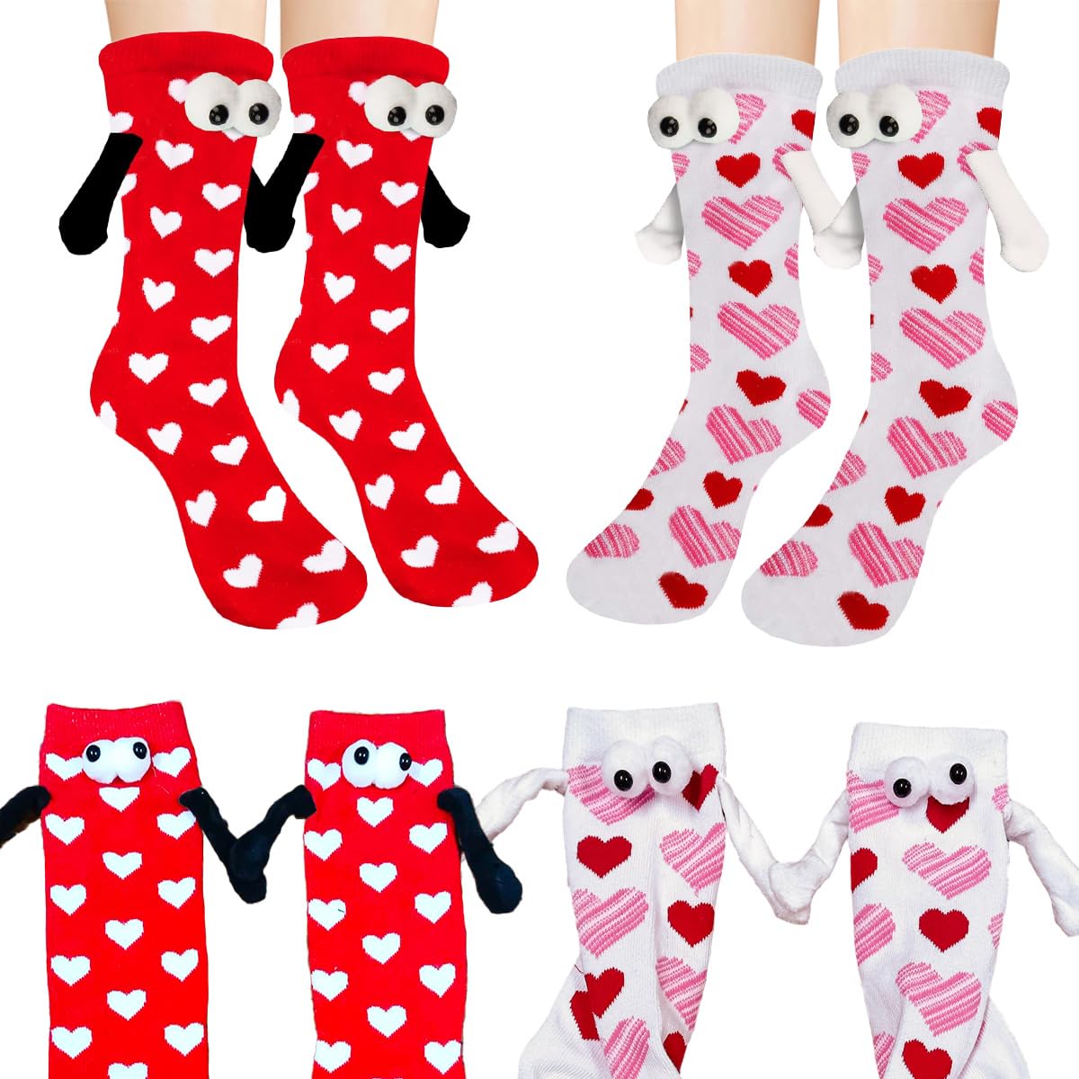 2Pairs Holding Hands Socks Funny Magnetic Couple Socks for Bestie Lovers Boyfriend Anniversaries Halloween Xmas Gifts