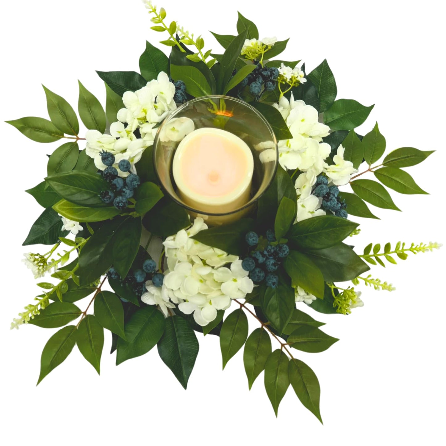 All Season Floral Arrangement Centerpiece for Table Glass Candle Holders with Artificial Hydrangea Flowers Blueberry Eucalyptus Leaves for Dining Room Indoor Outdoor Home Decor