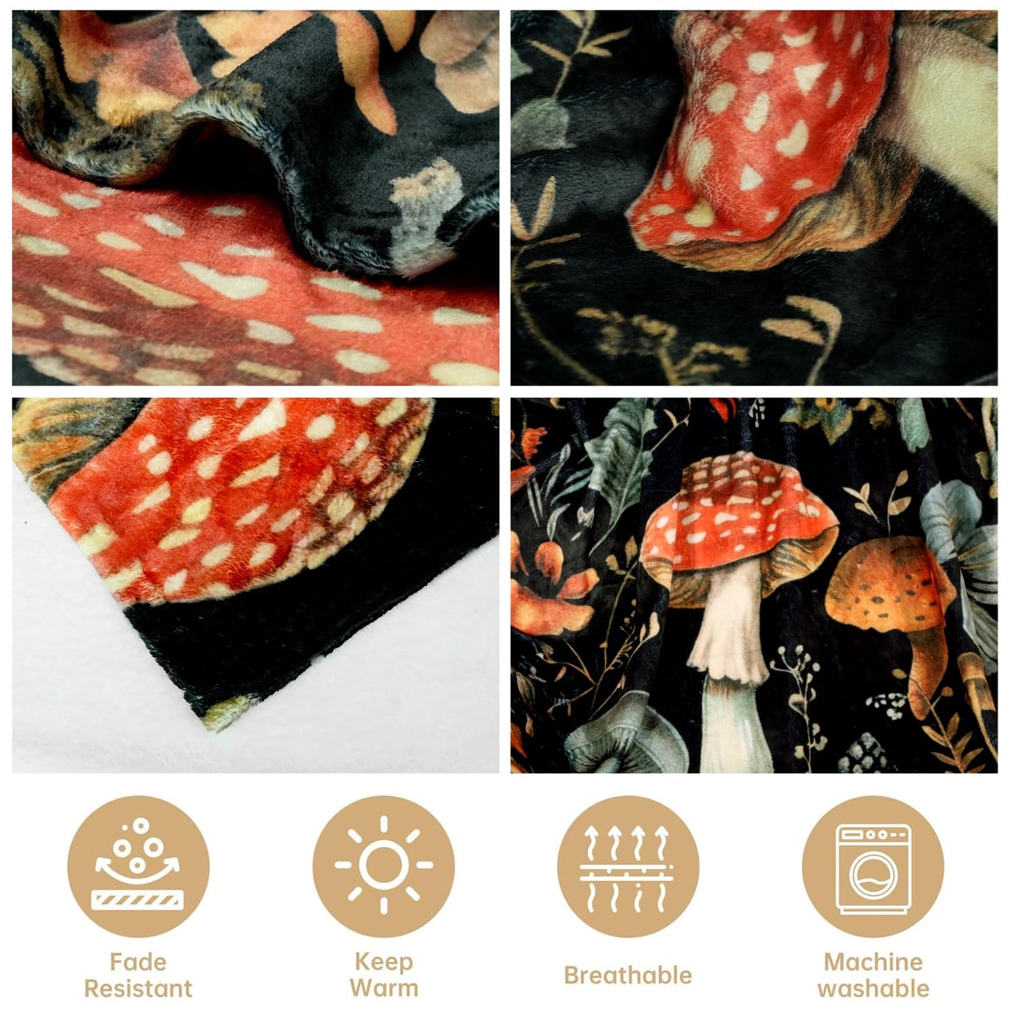 SERYULL Mushroom Throw Blanket,Cute Fluffy Cozy Fleece Blanket for Couch or Bed, Super Soft Birthday Gift for Women,Kids, Black 50x60 inches