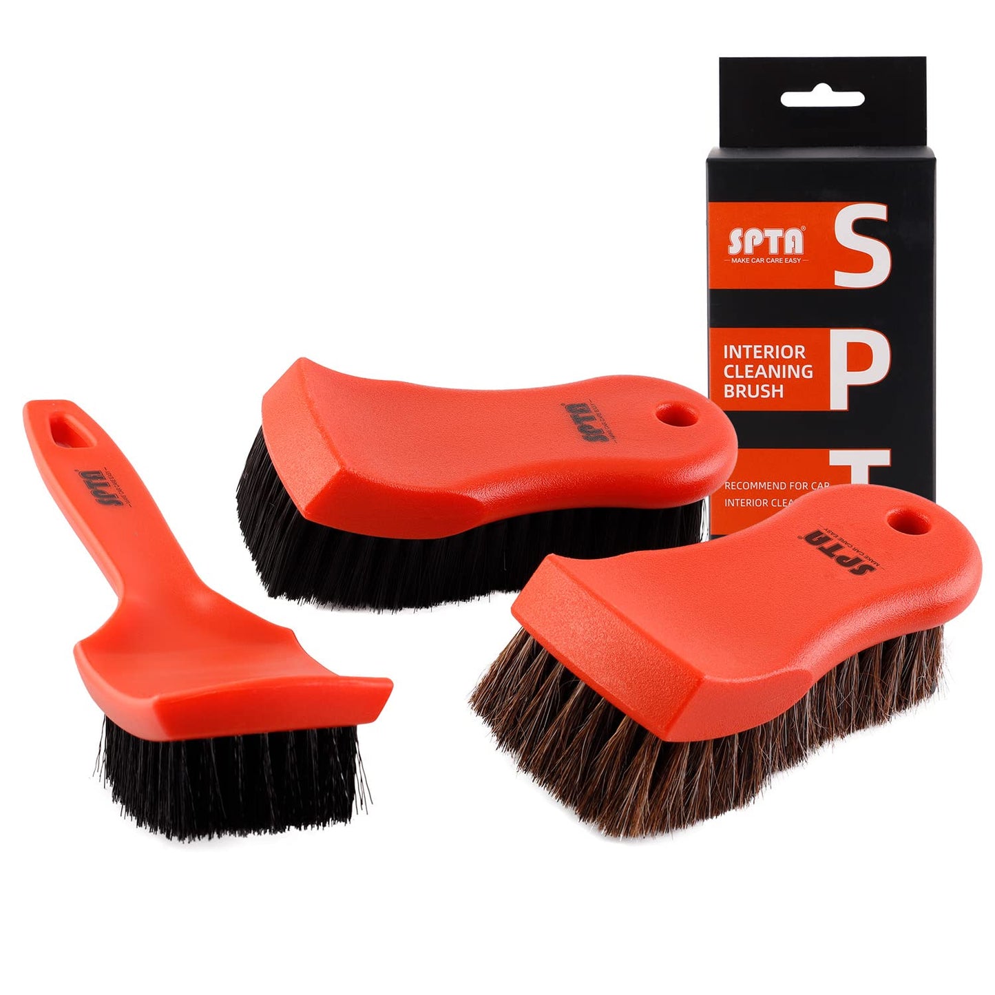 SPTA 3Pcs Car Detailing Brush Kit, Leather & Textile Interior Brush, Comfortable Grip and Scratch-Free Cleaning for Dashboard, Wheels, Seats, Foot Mats and Small Areas, Black