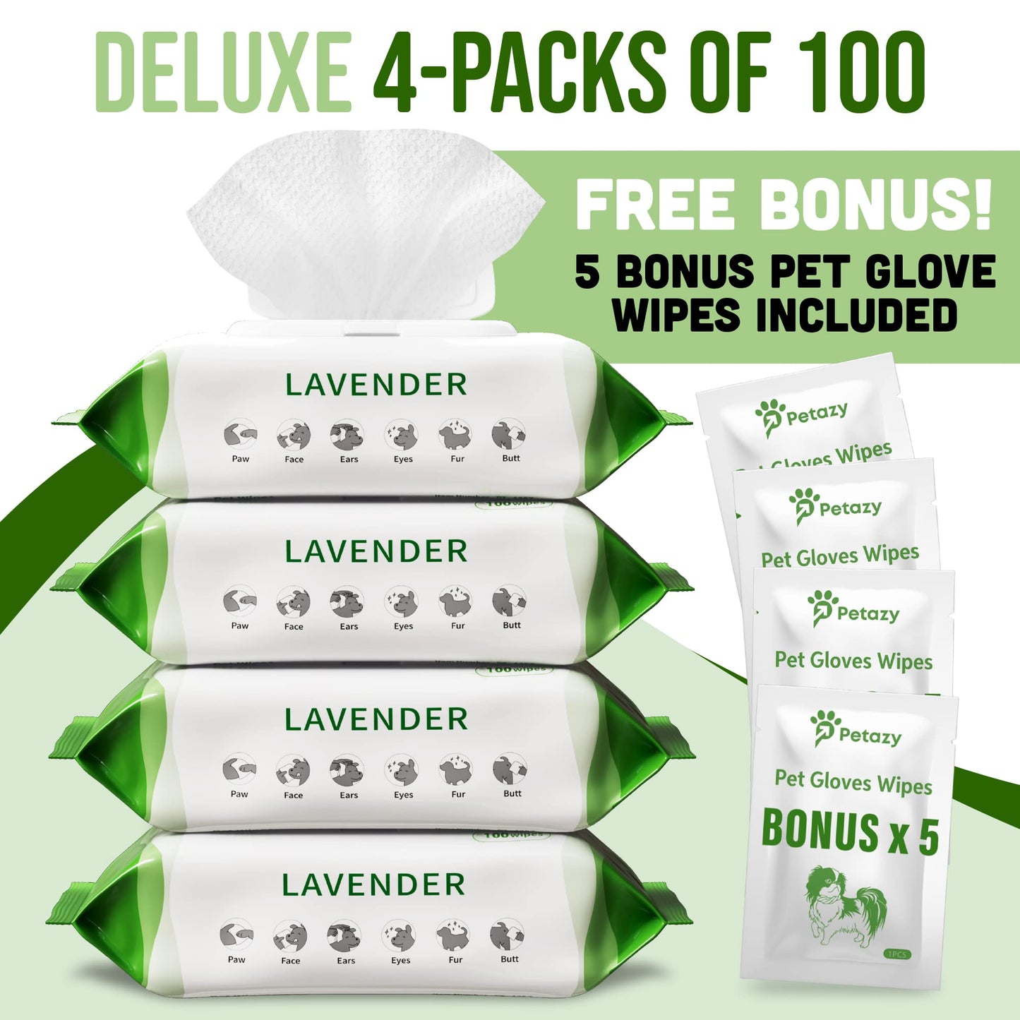 Petazy 400 Dog Wipes for Paws and Butt Ears Eyes | Organic Pet Wipes for Dogs | Lavender Scented Dog Wipes Cleaning Deodorizing | Extra Thick Paw Wipes for Dogs Cats Pets | Bonus Glove Wipes Included