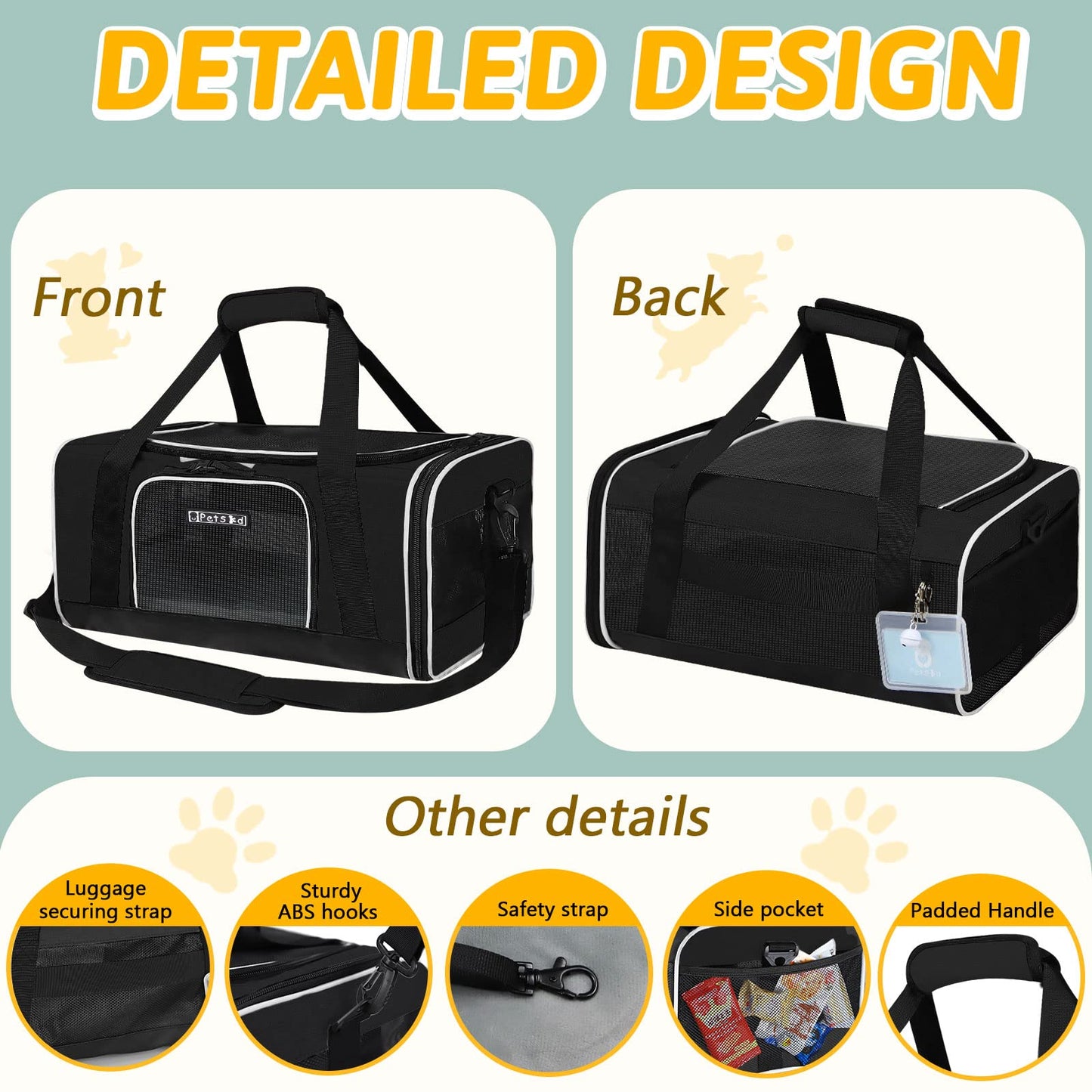Petskd Pet Carrier 17x12x8.5 JetBlue Allegiant Airline Approved,Pet Travel Carrier Bag for Small Cats and Dogs, Soft Dog Carrier for 1-8 LBS Pets,Dog Cat Carrier with Safety Lock Zipper(Black)