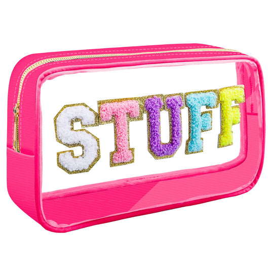 Moncinday Preppy Patch STUFF Makeup Bag Chenille Letter Cosmetic Bag for Women, Transparent PVC Zipper Patch Bags Organizer Waterproof Portable Travel Makeup Bag for Women Girls Teens (Pink)