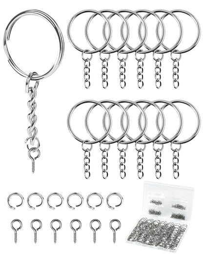FIVEIZERO 300Pcs Key Rings Kit, 100Pcs Key Ring with Chain, Keyrings Kit,100Pcs Small Screw Eye Pins, 100Pcs Open Jump Rings for Keychain Making Supplies, Crafts, and DIY Projects