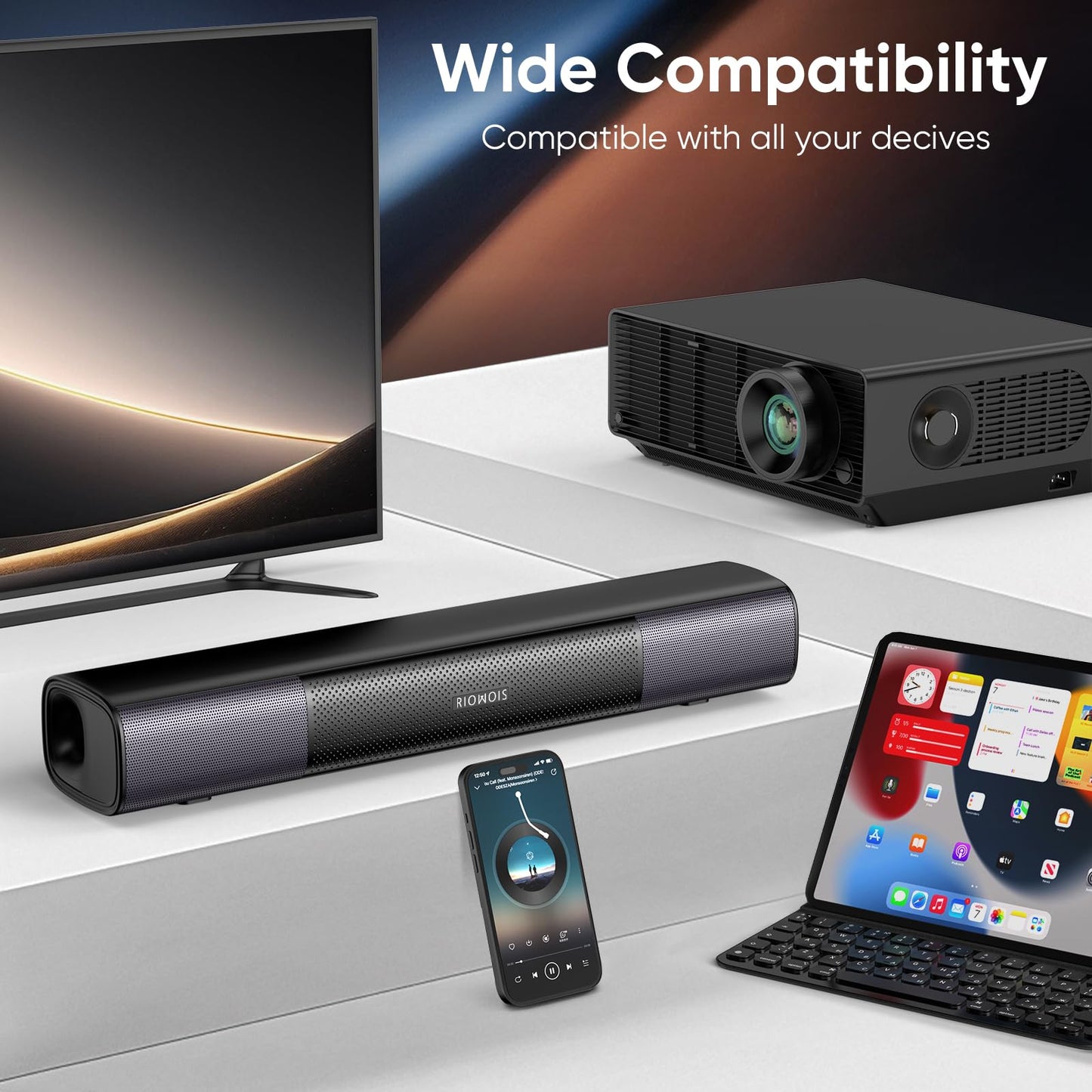 RIOWOIS Sound Bar for Smart TV, Bass Boost and Crisp Vocals,Bluetooth Soundbar for TV/PC/Gaming/Projectors,Optical/AUX/Wall Mount,17inch