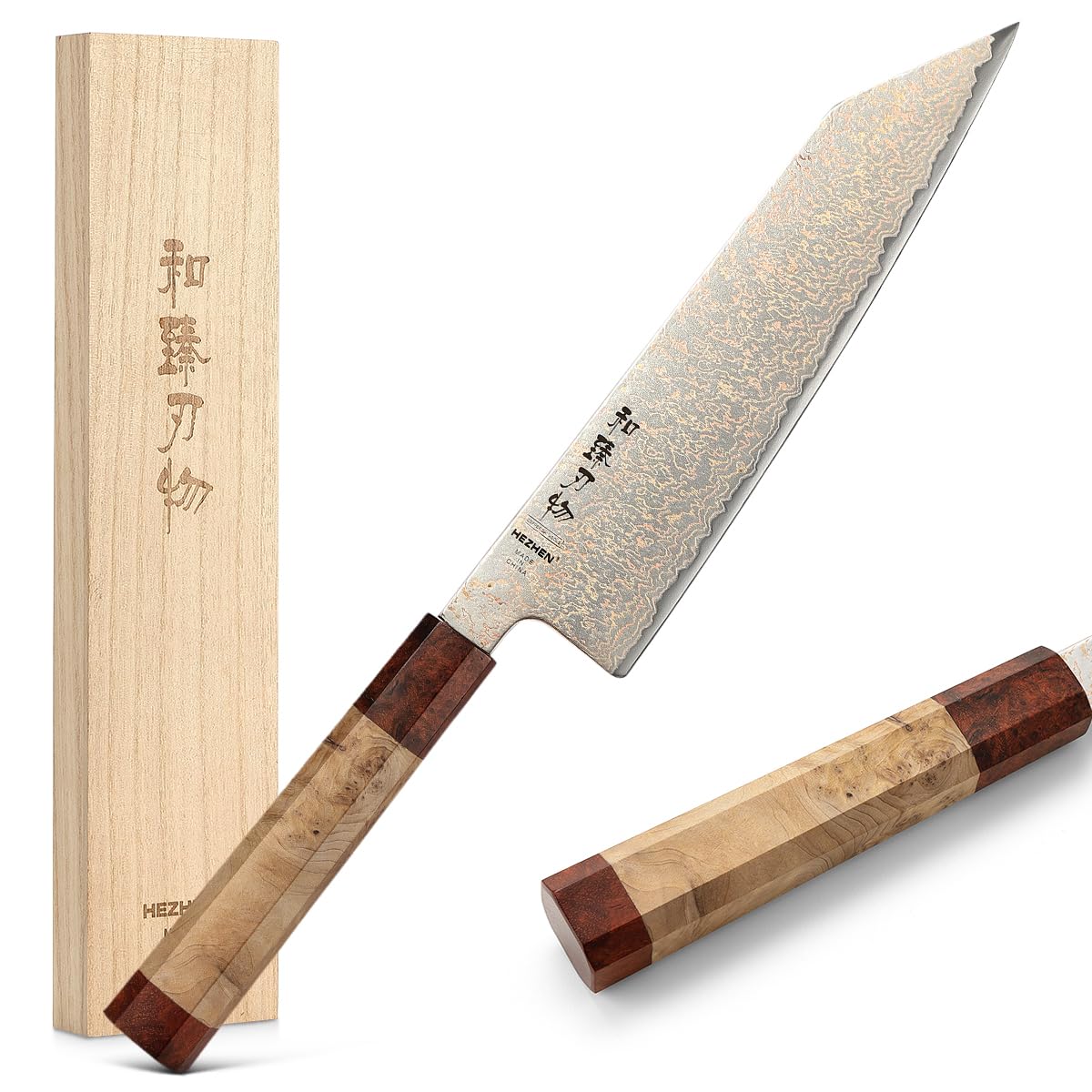 HEZHEN Kiritsuke Chef Knife,8.3 Inch, 37 Layers Tricolor Copper Damascus Steel-Japanese Damascus Knif- Professional Knife for Chefs&Home Cooking-Razor Sharp,Sycamore Wood Handle