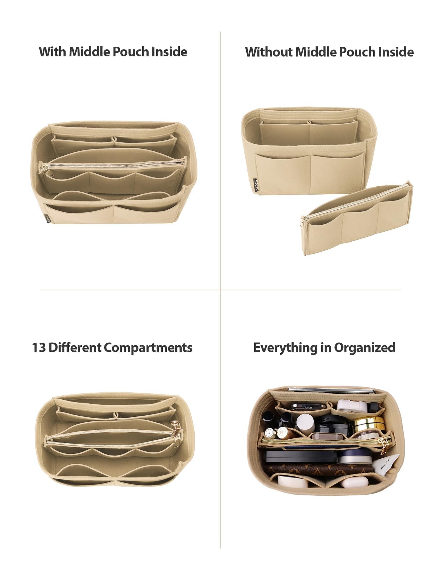 OMYSTYLE Beige Slender Medium Organizer Insert, Felt Tote Bag Organizer Insert with 5 Sizes, Handbag Dividers for Inside Purse, Compatible with Longchamp, Neverful, Speedy and More