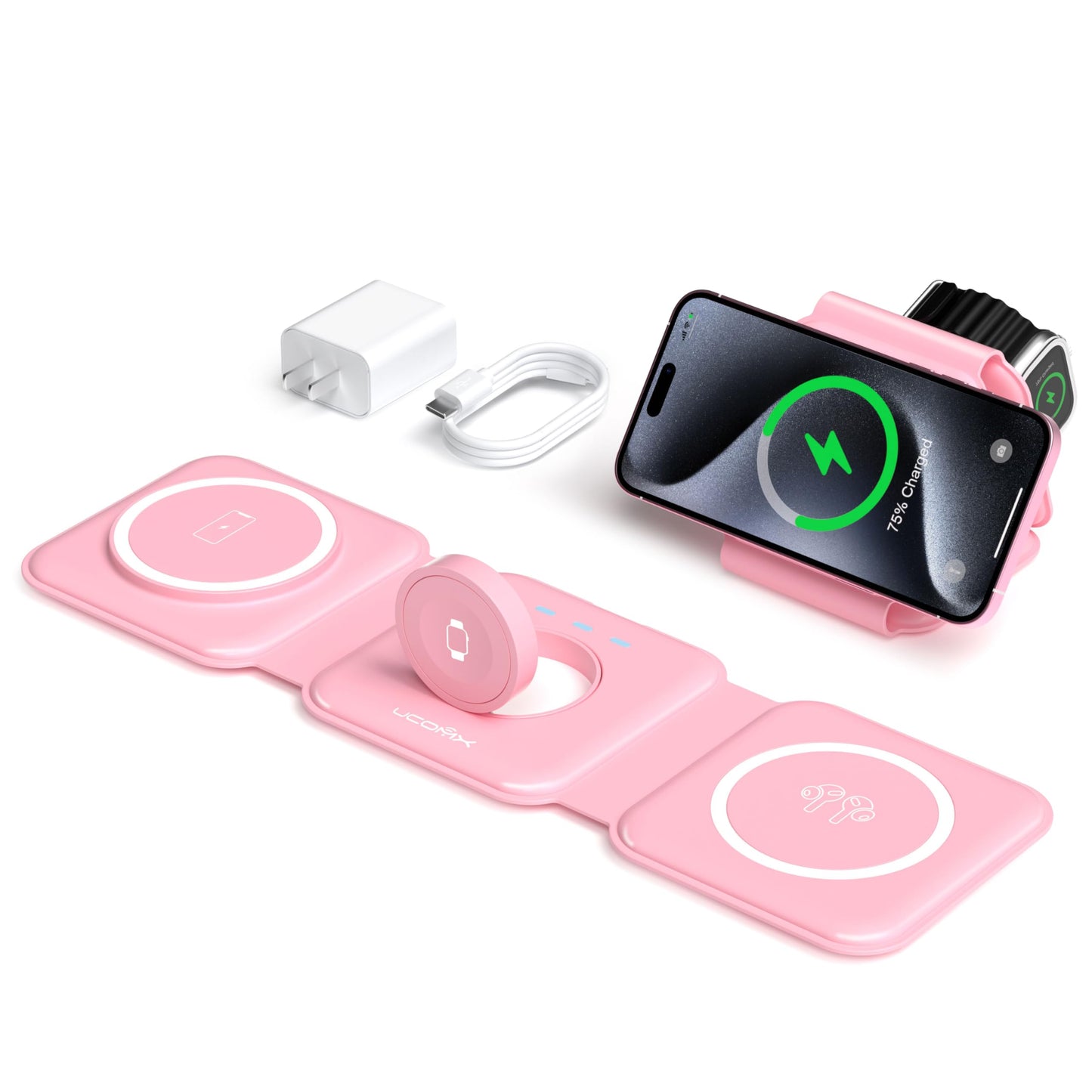 UCOMX 3 in 1 Charging Station for Multple Devices,Foldable 3 in 1 Wireless Charger for Travel,Nano Wireless Charging Station for iPhone16 15 14 13 12 Pro Max/Watch 10 9 8 7 6 5 4 3 Ultra/AirPod Pro