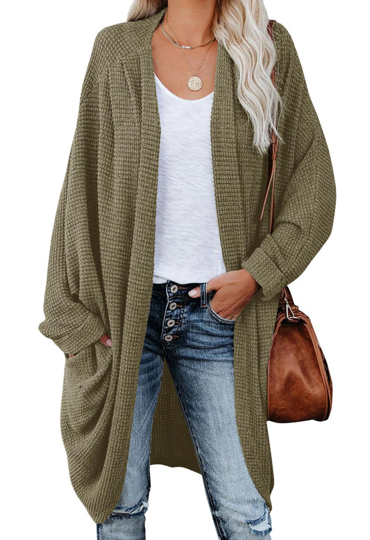 ZoeAce Womens Open Front Knit Cardigan Long Batwing Sleeve Oversized Sweater Chunky Waffle Cable Boho Pockets Coat Olive