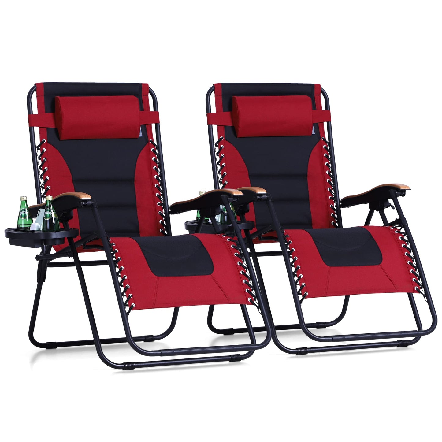 PHI VILLA XXL Oversized Padded Zero Gravity Chair, Foldable Patio Recliner, 30" Wide Seat Anti Gravity Lounger with Cup Holder, Set of 2, Support 400 LBS (Red)