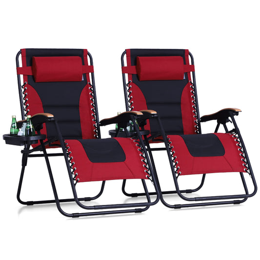 PHI VILLA XXL Oversized Padded Zero Gravity Chair, Foldable Patio Recliner, 30" Wide Seat Anti Gravity Lounger with Cup Holder, Set of 2, Support 400 LBS (Red)
