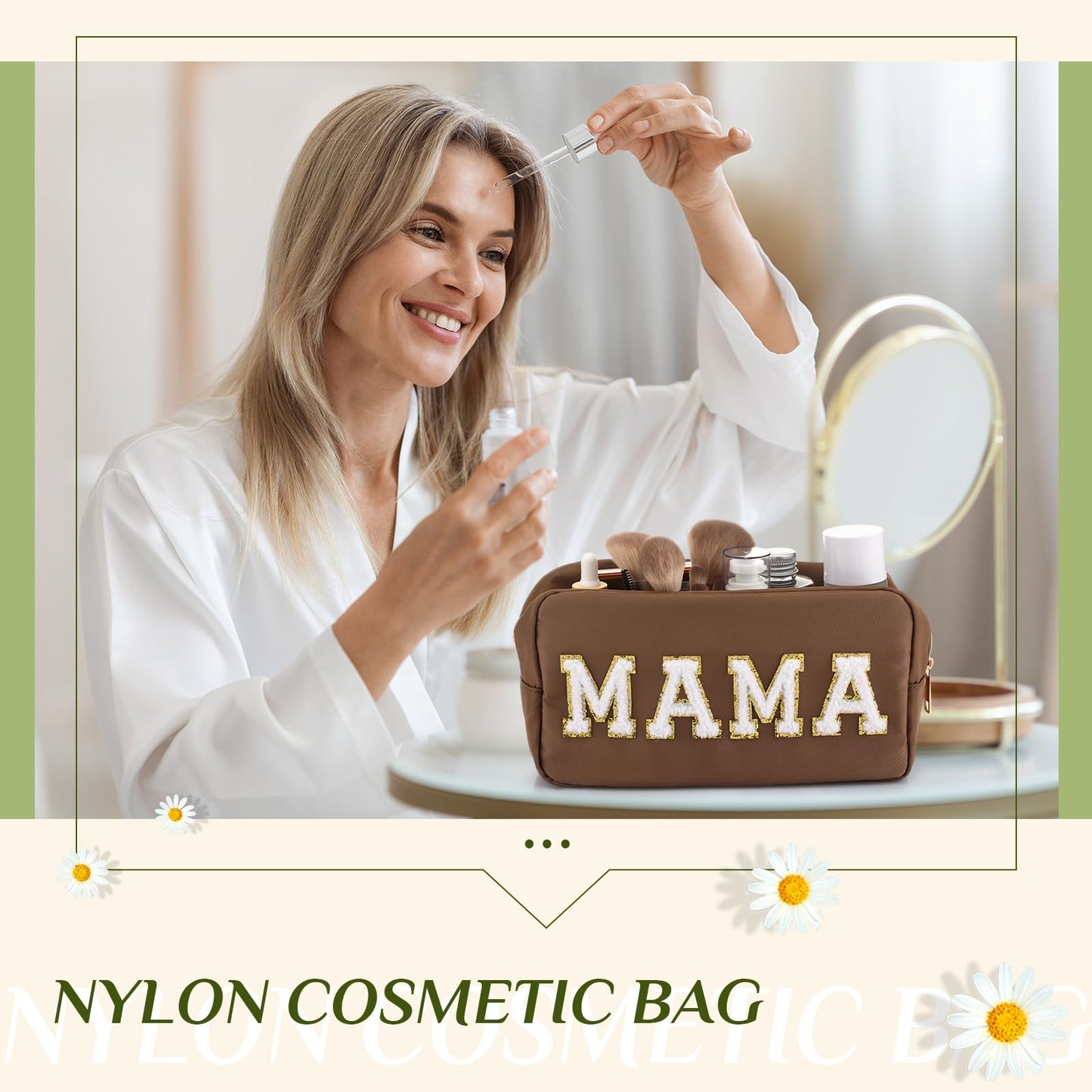 Sanwuta 2 Pieces Mama Gifts Makeup Bag Mom Birthday Gifts Nylon Cosmetic Bag Mothers Day Appreciation Toiletry Preppy Patch Chenille Letter Pouch for Women Her New Mom(Camel, White,Baby and Mama)