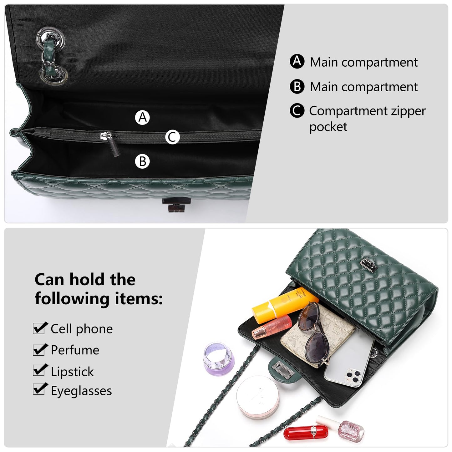 DIUY Quilted Leather Crossbody Bags for Women Trendy Ladies Shoulder Purse Satchel HandBag with Chain Strap, Green