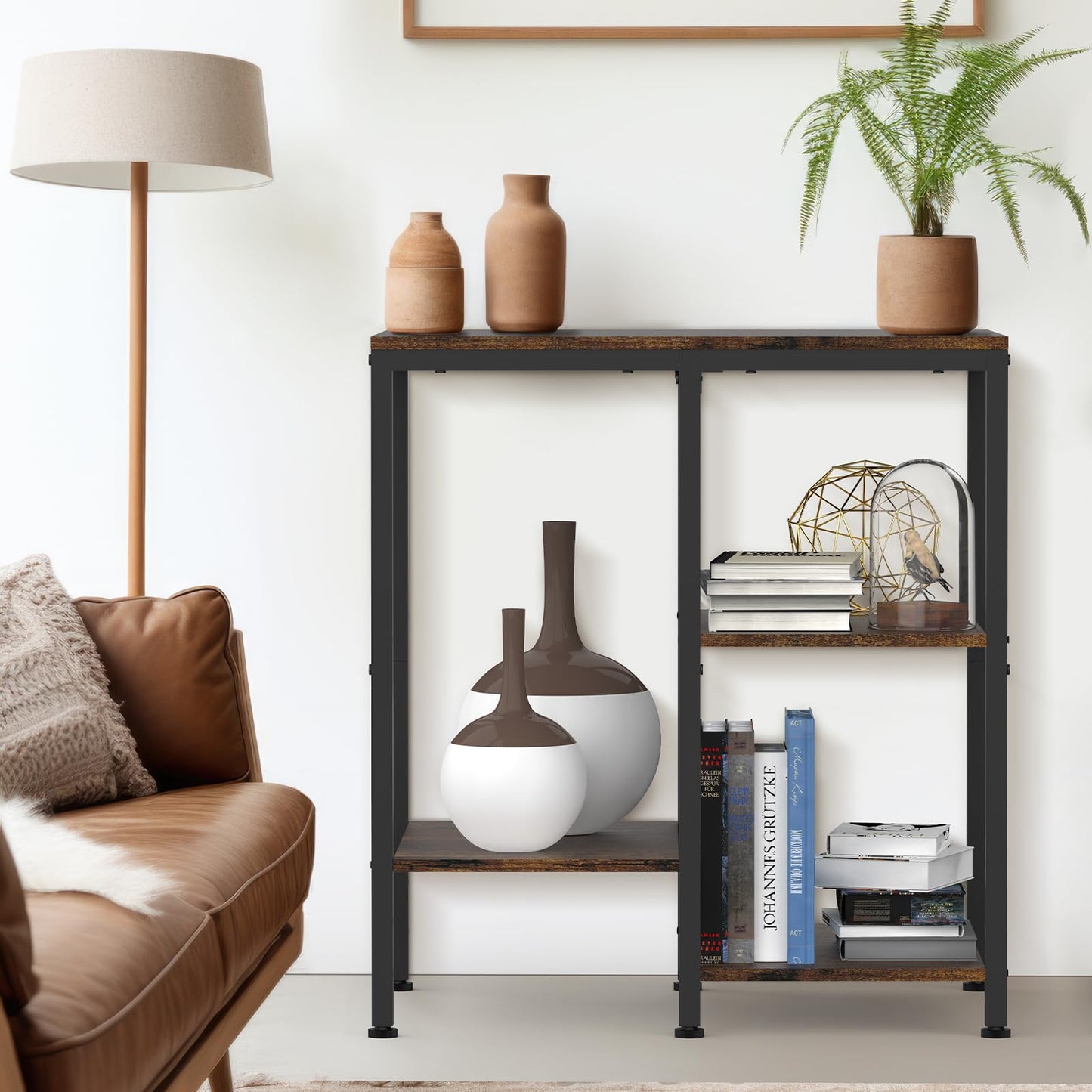 OGEMXU Kitchen Microwave Stand,4-Tier Adjustable Bakers Rack,Multi-Purpose Kitchen Storage Cart for Coffee Station,Space-Saving Metal Appliance Shelf for Living Room,Rustic Brown