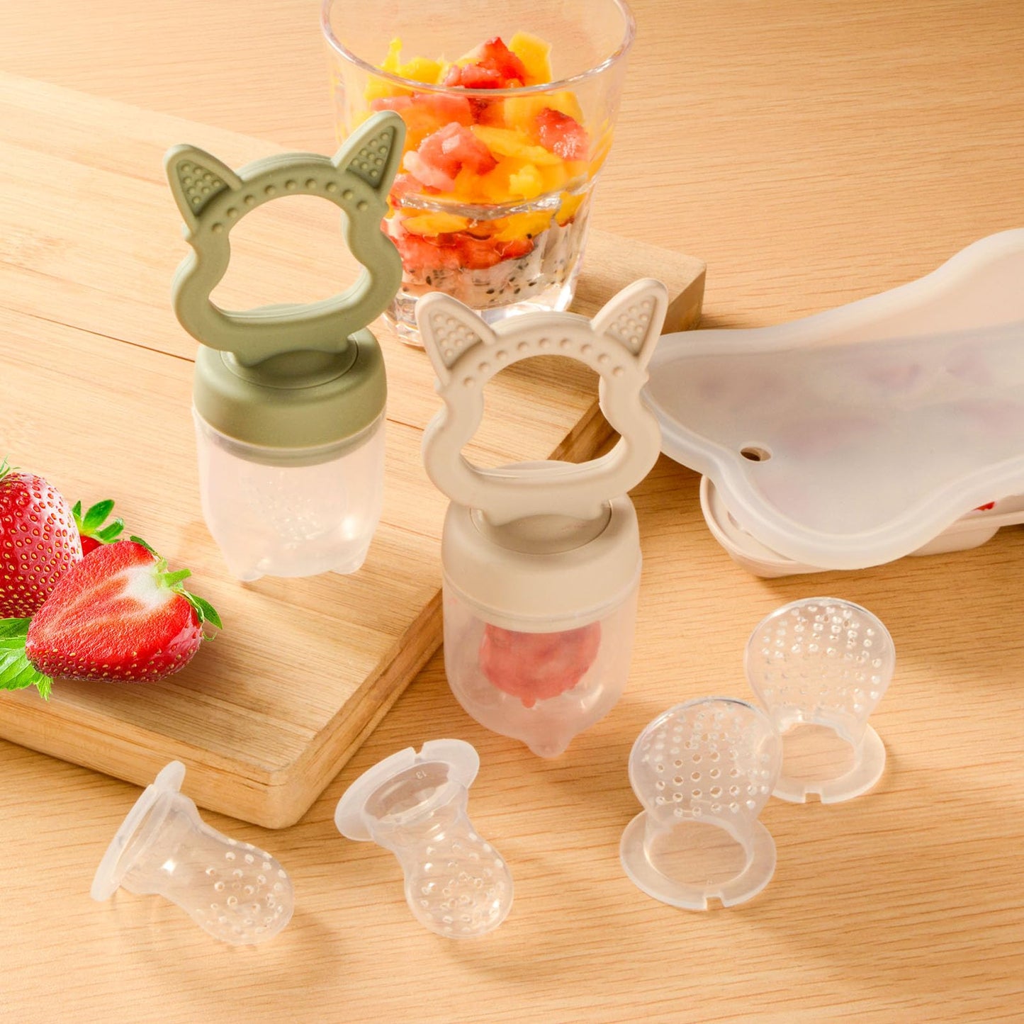 Baby Teething Relief Toys, Fruit/Food Feeder with Breastmilk Popsicle Molds &Teether Combo Food Grade Silicon for 6M+ Breastmilk Pops, Frozen Fruit, Teether Toys Baby Gift