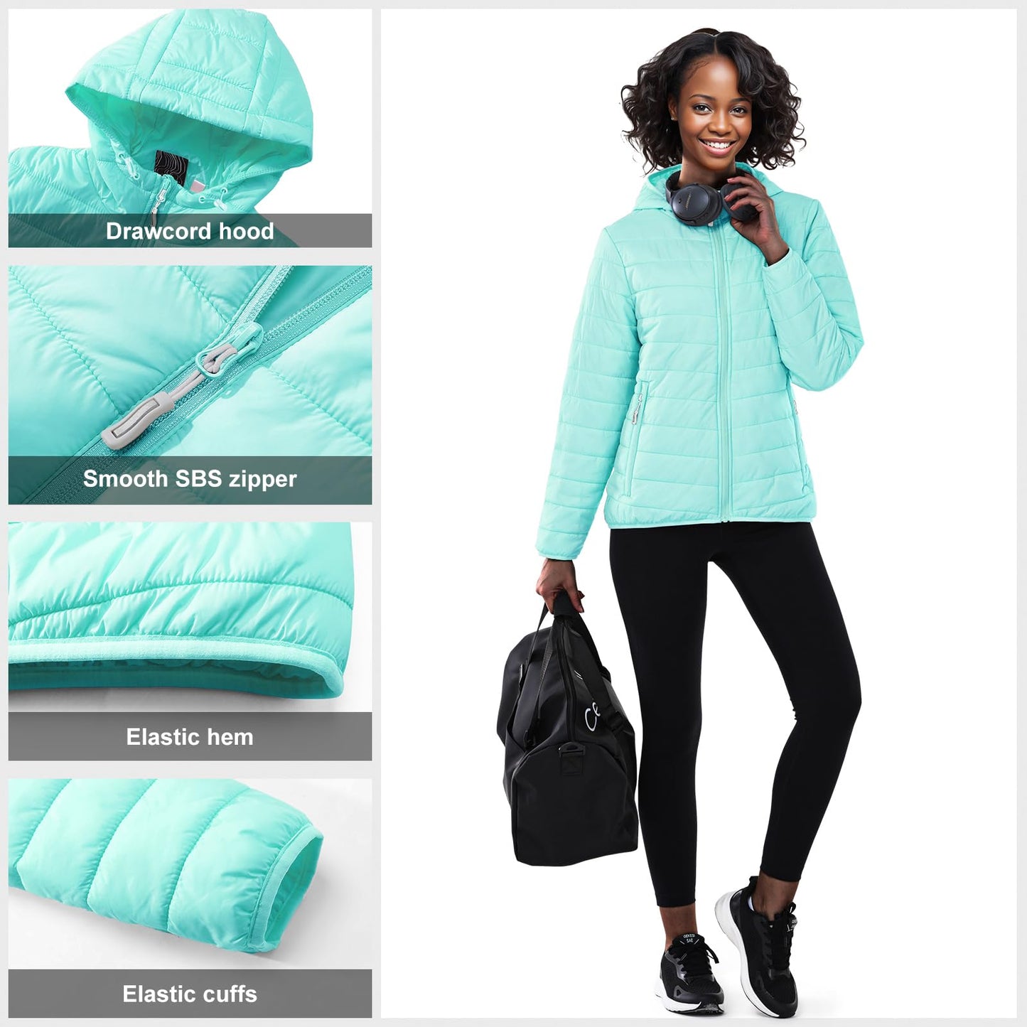Outdoor Ventures Women's Packable Lightweight Full-Zip Puffer Jacket with Hood Quilted Winter Coat