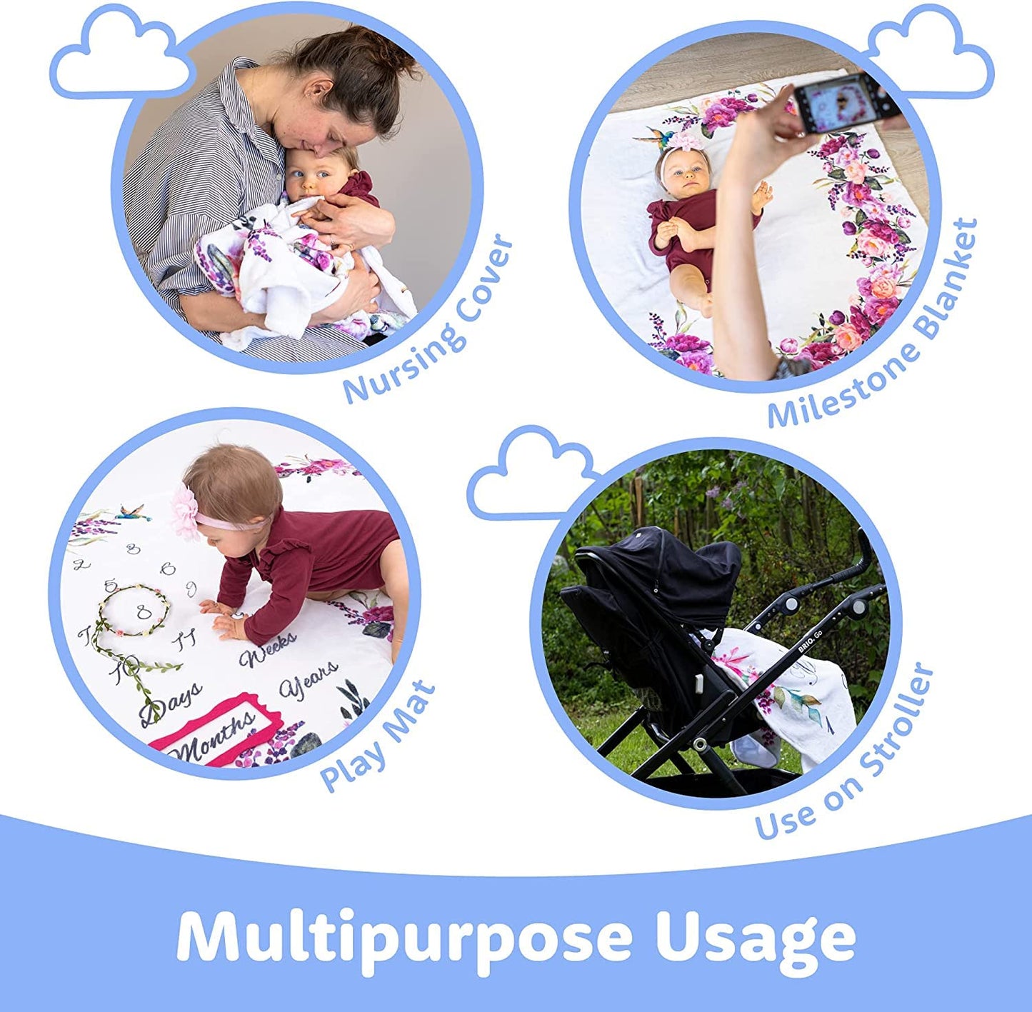 Bliss n' Baby Monthly Milestone Blanket for Baby Girl - 60"x40" - Wrinkle Free Baby Age Month Blanket with Growth Chart - Washable & Dryable - w/Wreath & Headband - Floral Theme