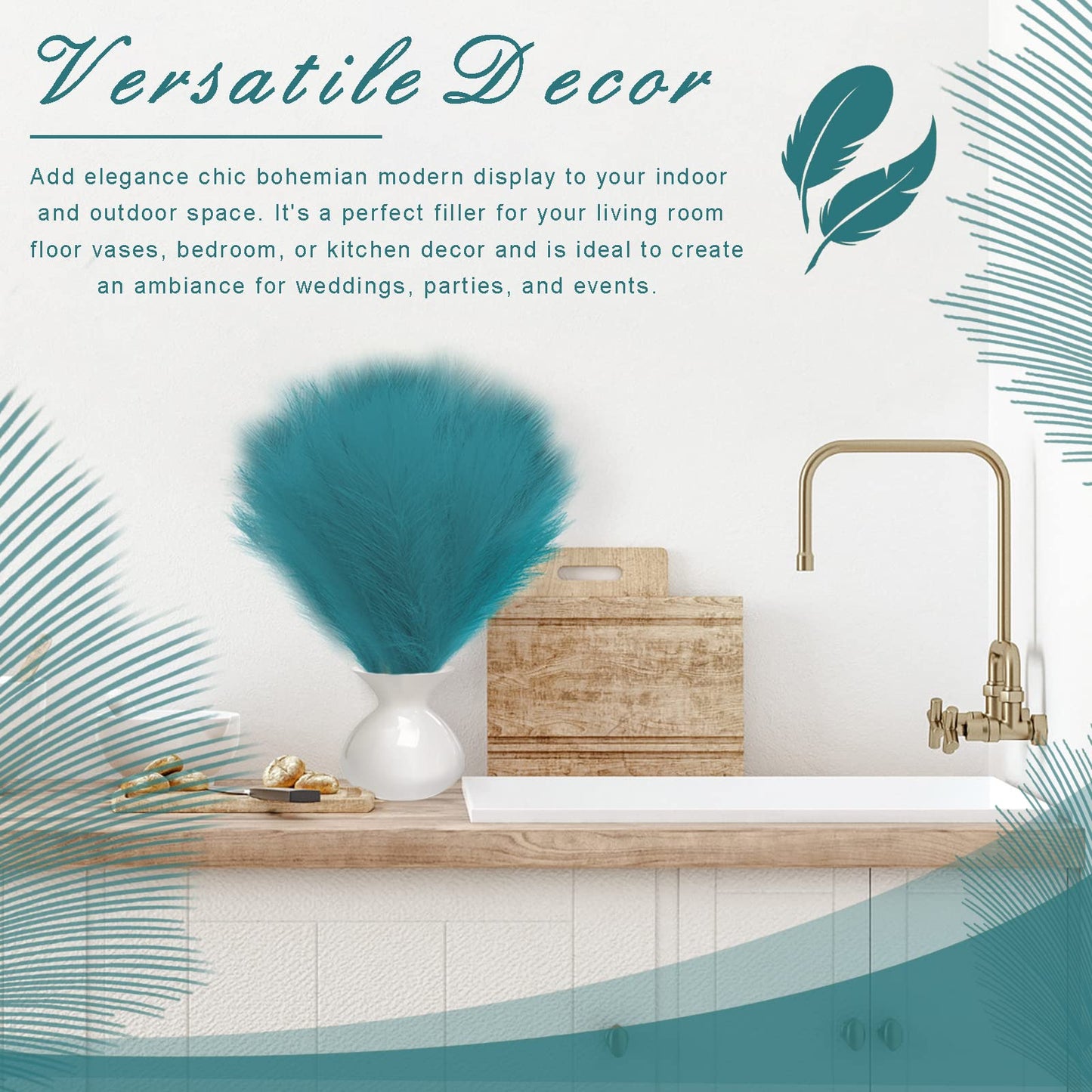 ULENDIS 8Pcs Faux Pampas Grass Boho Decor - 18" Fluffy Artificial Pampas Grass Branches for Vase Fillings, Flower Arrangements, Home Wedding Decor (Blue)