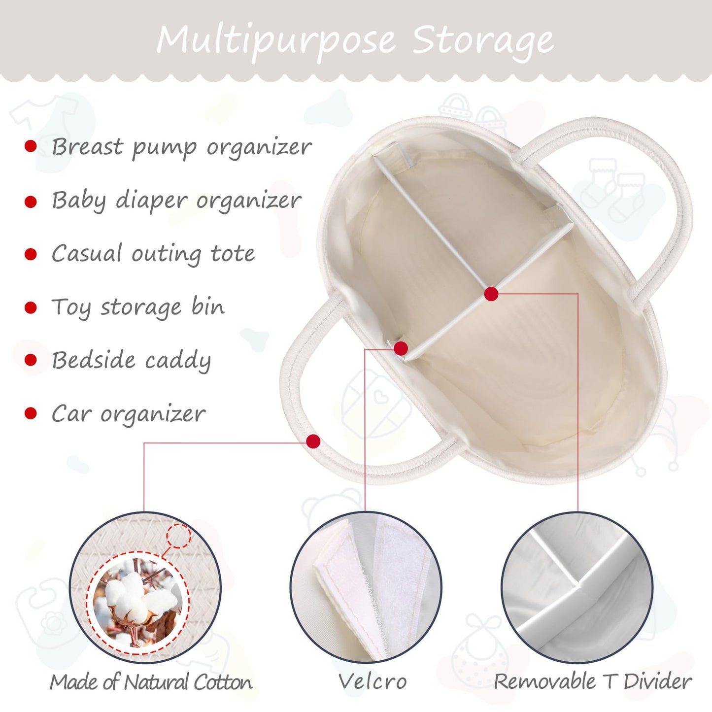 COMSE Baby Diaper Caddy Organizer, Car Caddy, Diaper Change Organizer, Gift Baskets Empty, Portable Tote Bag with Divider, Baby Shower Gifts Newborn Essentials Registry Must Have, White