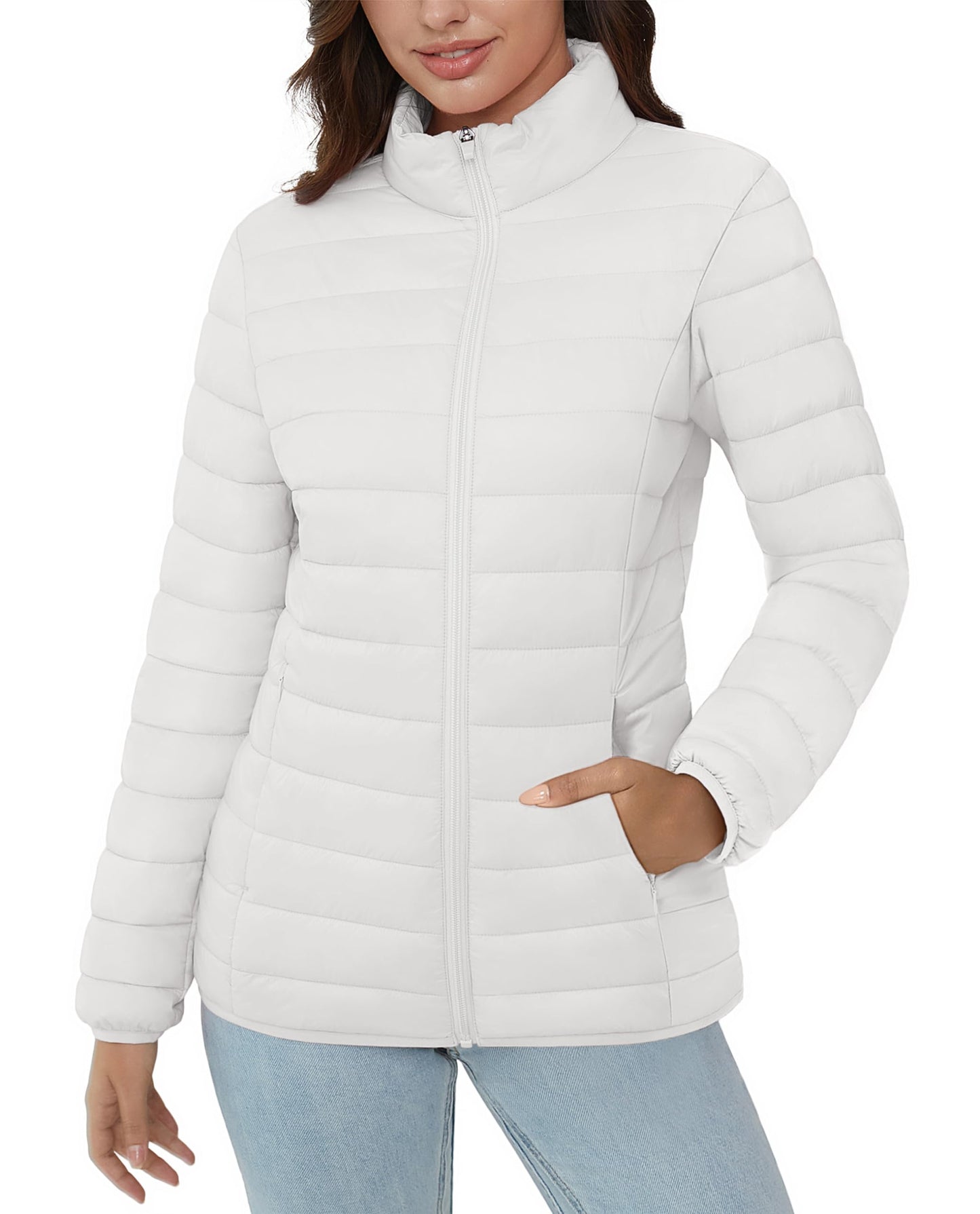 MAGCOMSEN Women's Puffer Jacket Ultra-lightweight Quilted 4 Pockets Full Zip Stand Collar Jackets Winter Warm Coat, White S