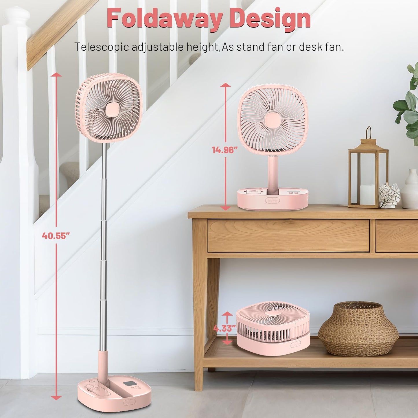 Dhenrio Portable Oscillating Pedestal Fan with Romote, 4 Speed 120° Telescopic Rotation Foldable Standing Collapsible Fans, 7200Mah Rechargeable, Quiet Timer DeskFan for Travel Camping Home, Pink