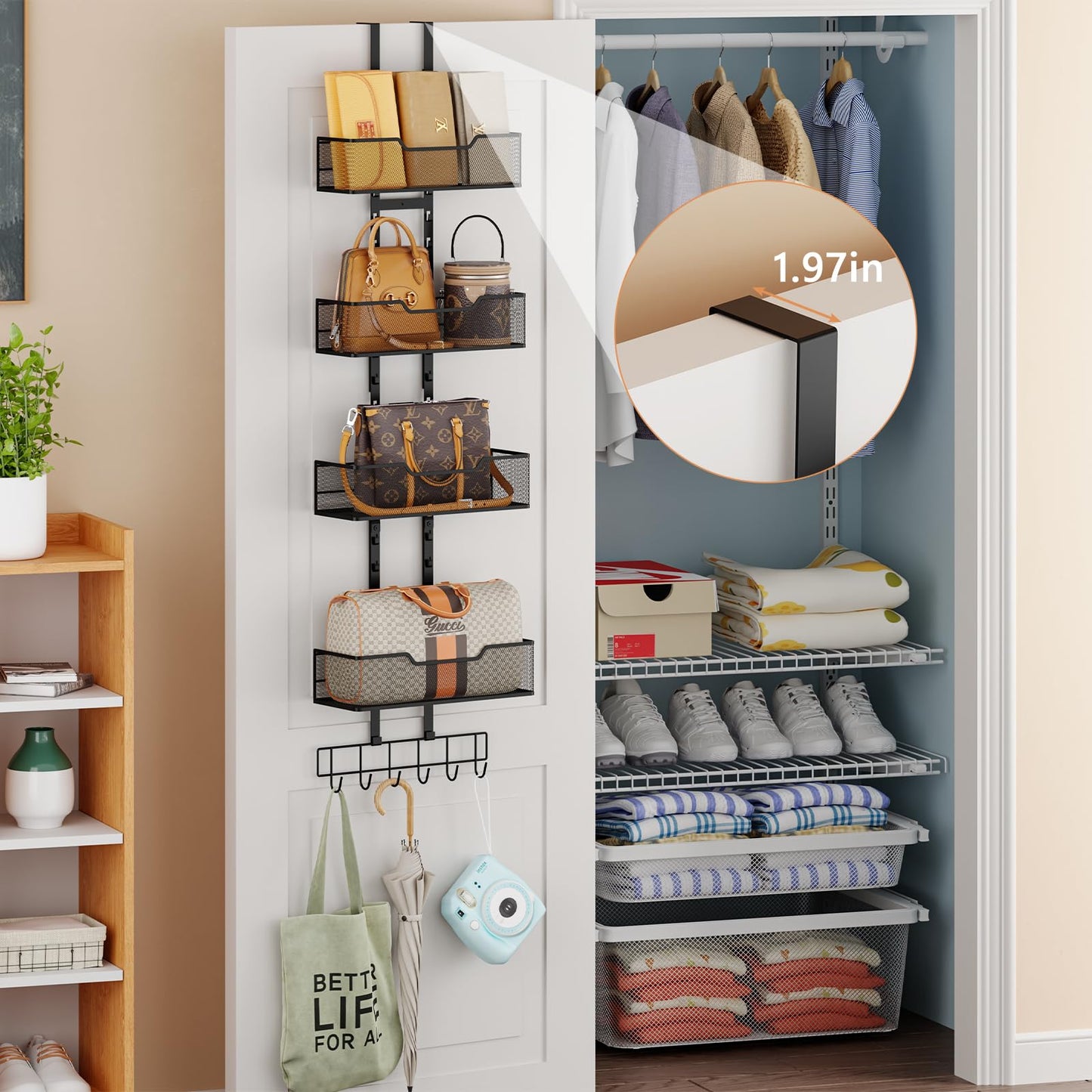 Dmevkic Purse Organizer Over The Door,Adjustable Durable Metal Purse Holder Handbag Purse Organizer for Closet with 5 Hooks Medium