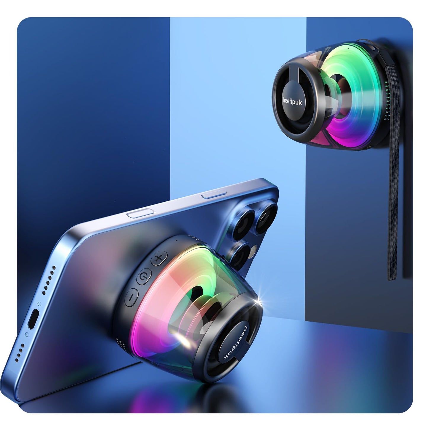 heetipuk Mini Magnetic Bluetooth Speaker, Loudspeaker with Bass Diaphragm, 5W Internal-Magnet Speaker, 7H Playtime,TWS, RGB Light, TF Card Slot, Including Magnetic Ring and Lanyard, As Phone Stand