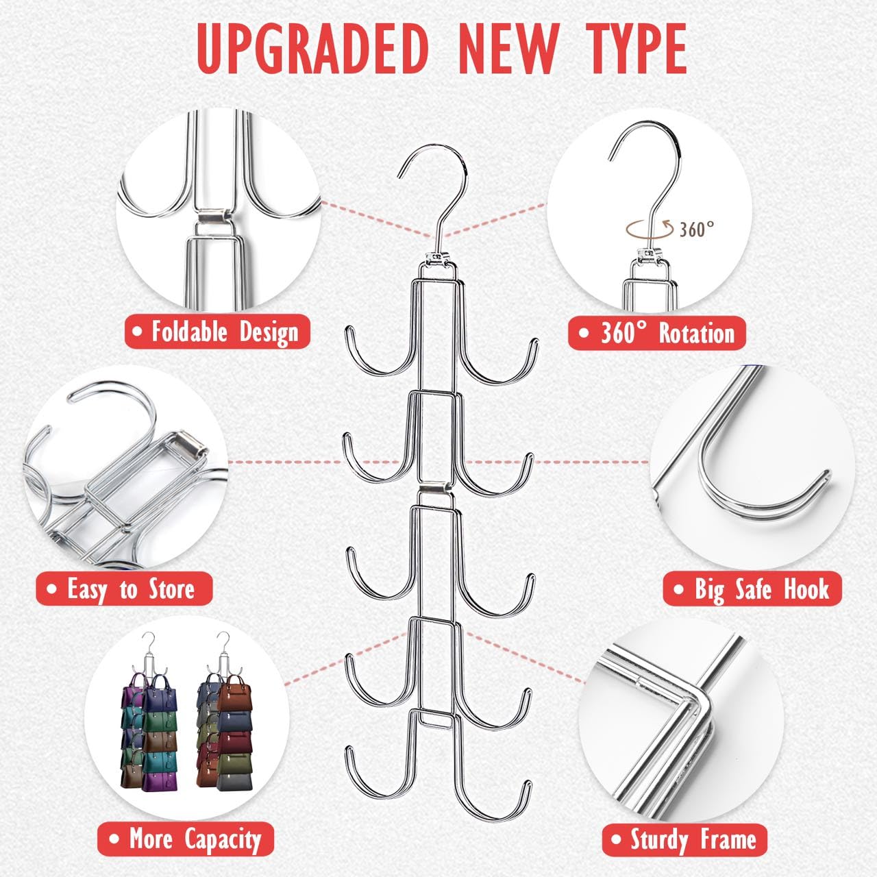 Purse Organizer for Closet, Bag Organizer with 10 Big Hooks, 360 Degree Rotation Purse Hanger for Display, Collapsible Space Saving Hangers Rack for Handbag, Belt, Scarve, Tie