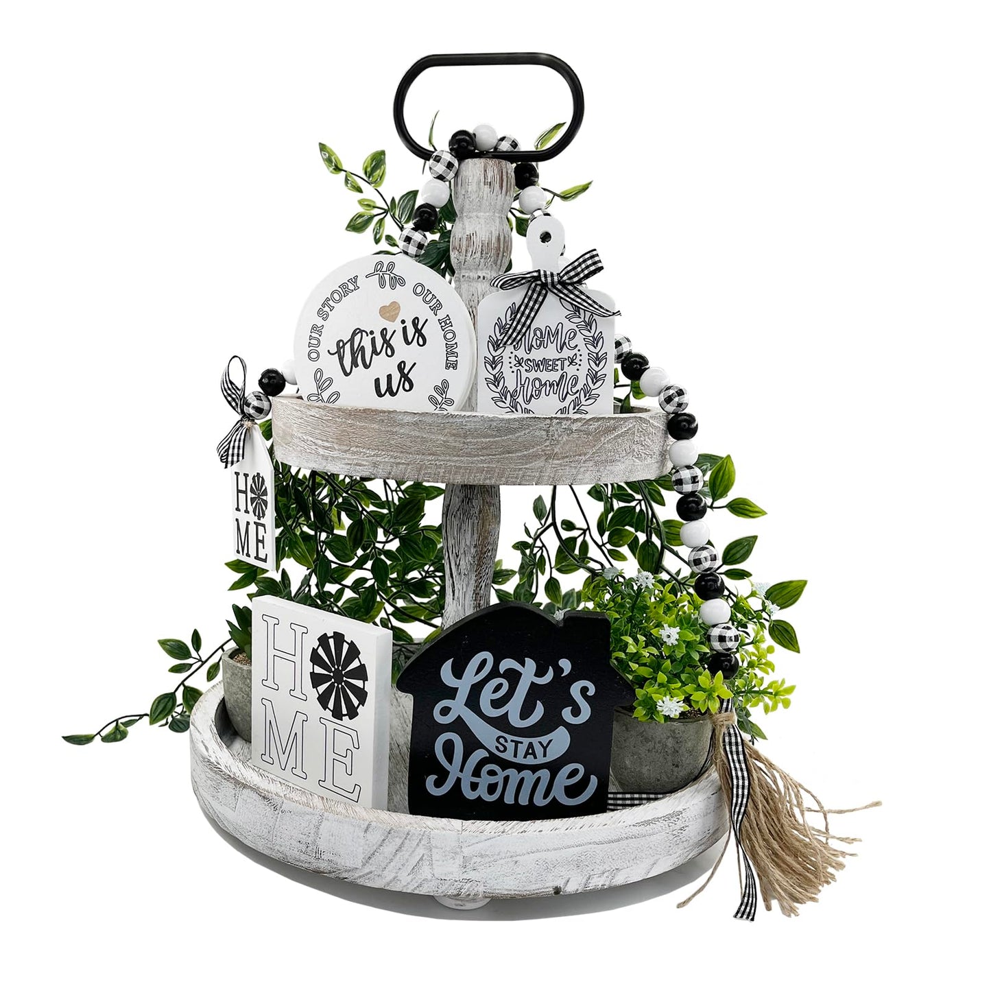 Farmhouse 2 Tiered Tray Stand for Home Decor, Wooden Serving Tiered Tray for Coffee Bar Table Centerpiece, Decorative Trays Kit for Countryside, Round Rustic Stand for Cake Cupcake(White)