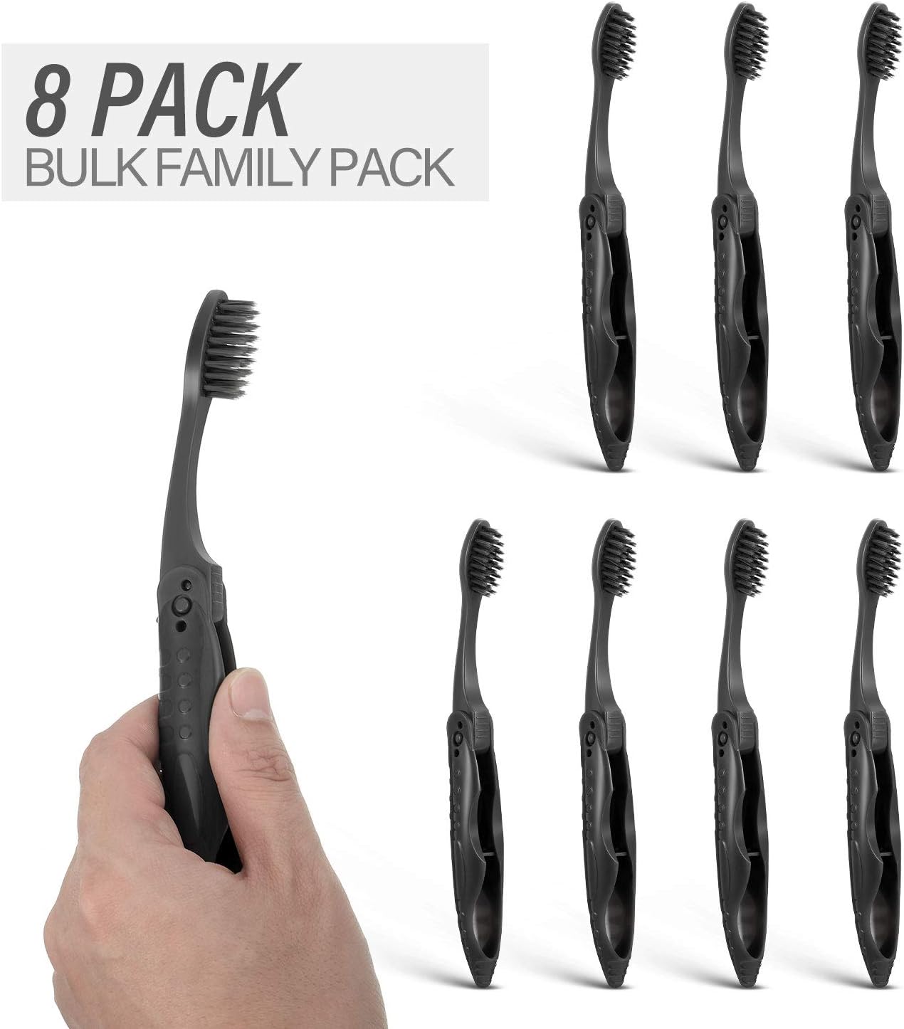 Boao 8 Packs Travel Toothbrushes Individually Wrapped Black Folding Toothbrush for Travel Camping Portable Charcoal Toothbrush with Soft Medium Bristles