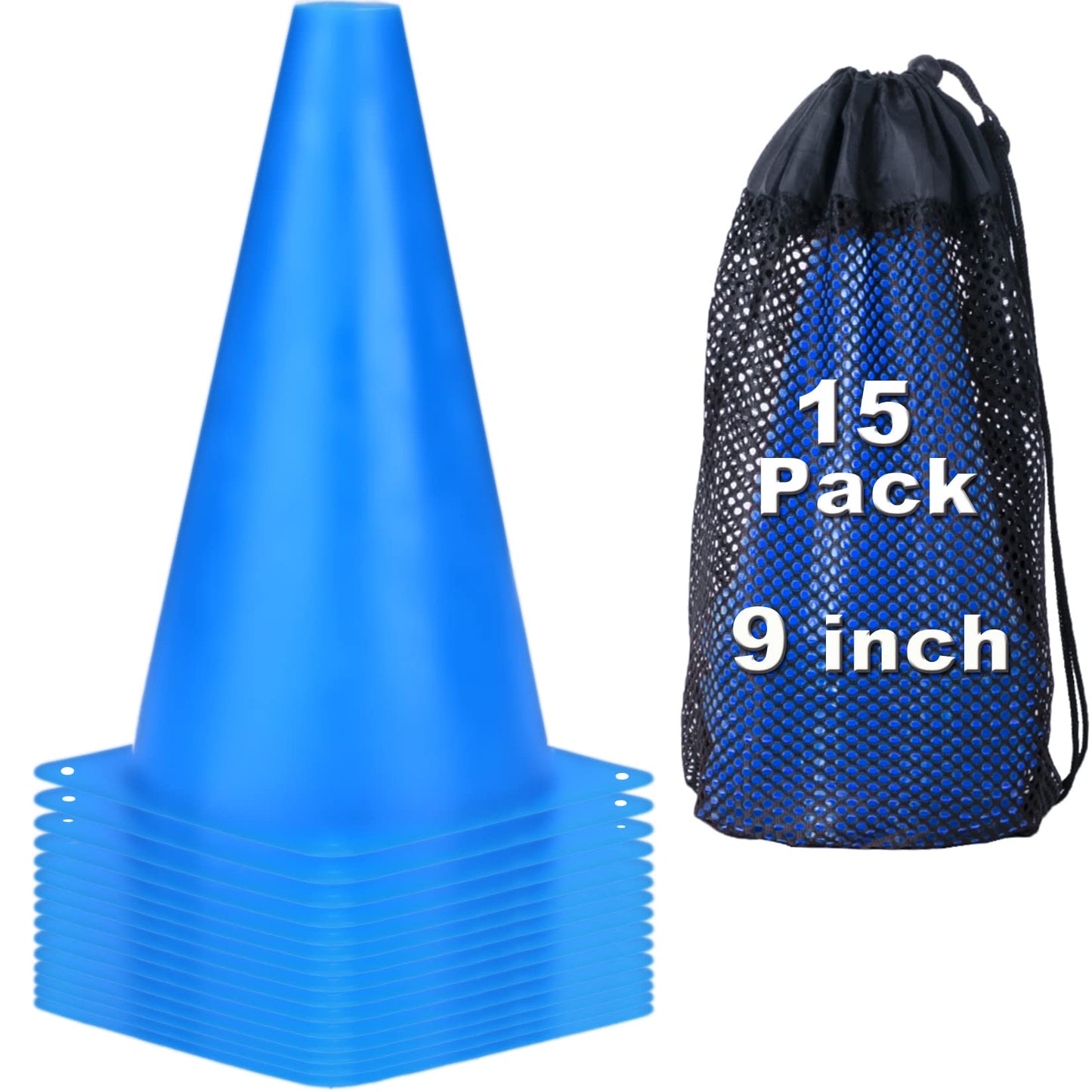 cyrico 9 Inch Cones Sports, 15 Pack Soccer Training Cones Agility Field Parking Safety Blue Plastic Traffic Cones for Football Basketball Drills, Indoor and Outdoor Games Activity