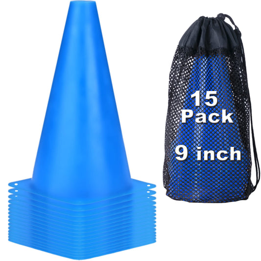 cyrico 9 Inch Cones Sports, 15 Pack Soccer Training Cones Agility Field Parking Safety Blue Plastic Traffic Cones for Football Basketball Drills, Indoor and Outdoor Games Activity