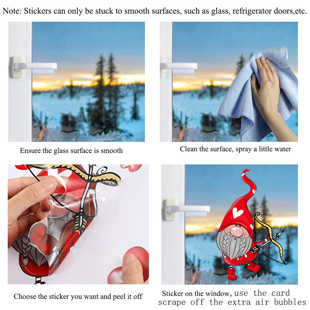 9 Sheets Valentine's Day Window Decals Clings Decorations, 149pcs Gnome Heart Window Stickers for Valentines Day, Glass Windows, Party, Wedding, Anniversary Ornaments Supplies