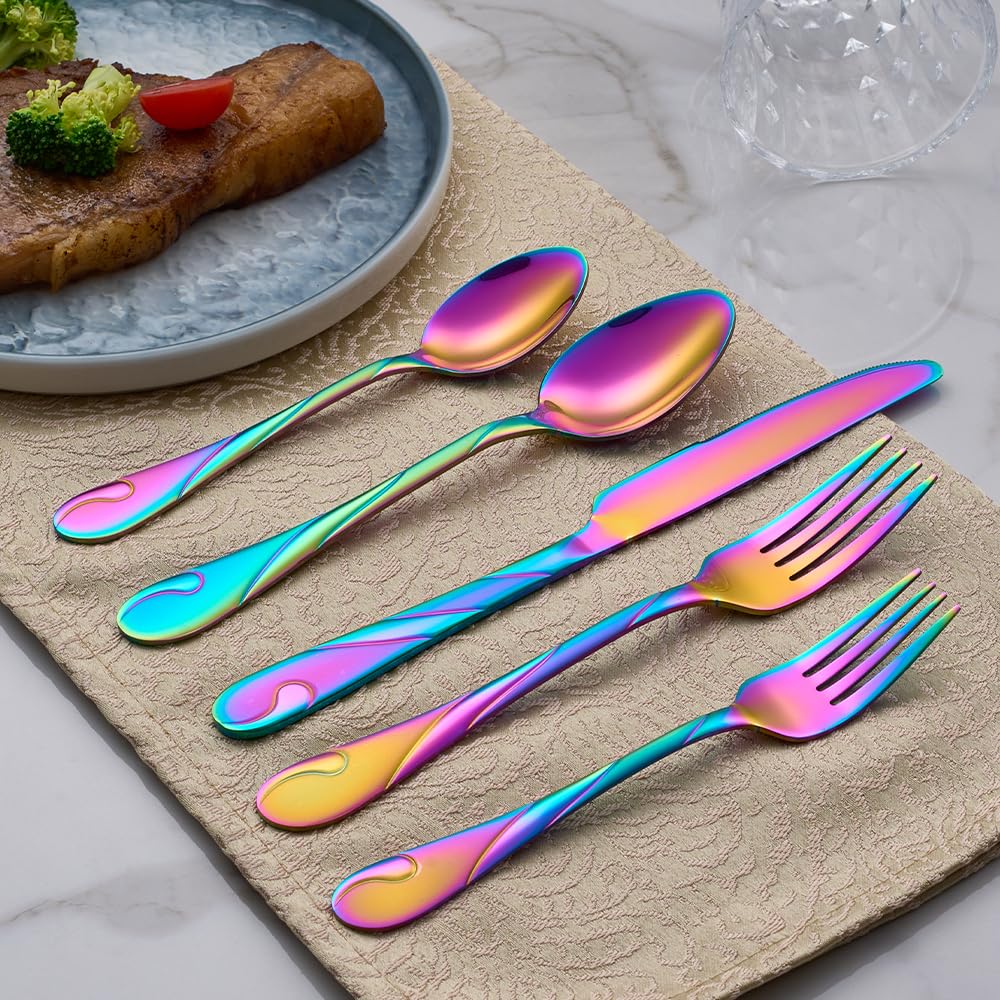 Seeshine Rainbow Silverware Set for 12, 60-Piece Stainless Steel Flatware Set, Shiny Rainbow Metal Cutlery Set, Include Fork, Knife and Spoon Set, Dishwasher Safe