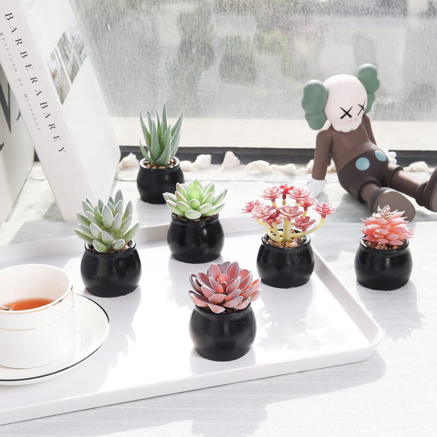 Nubry Mini Fake Plants in Ceramic Pots Artificial Small Succulents Potted Faux Assorted Lifelike Plants for Home Office Desk Decor, Set of 6 (Black Ceramic Pots)