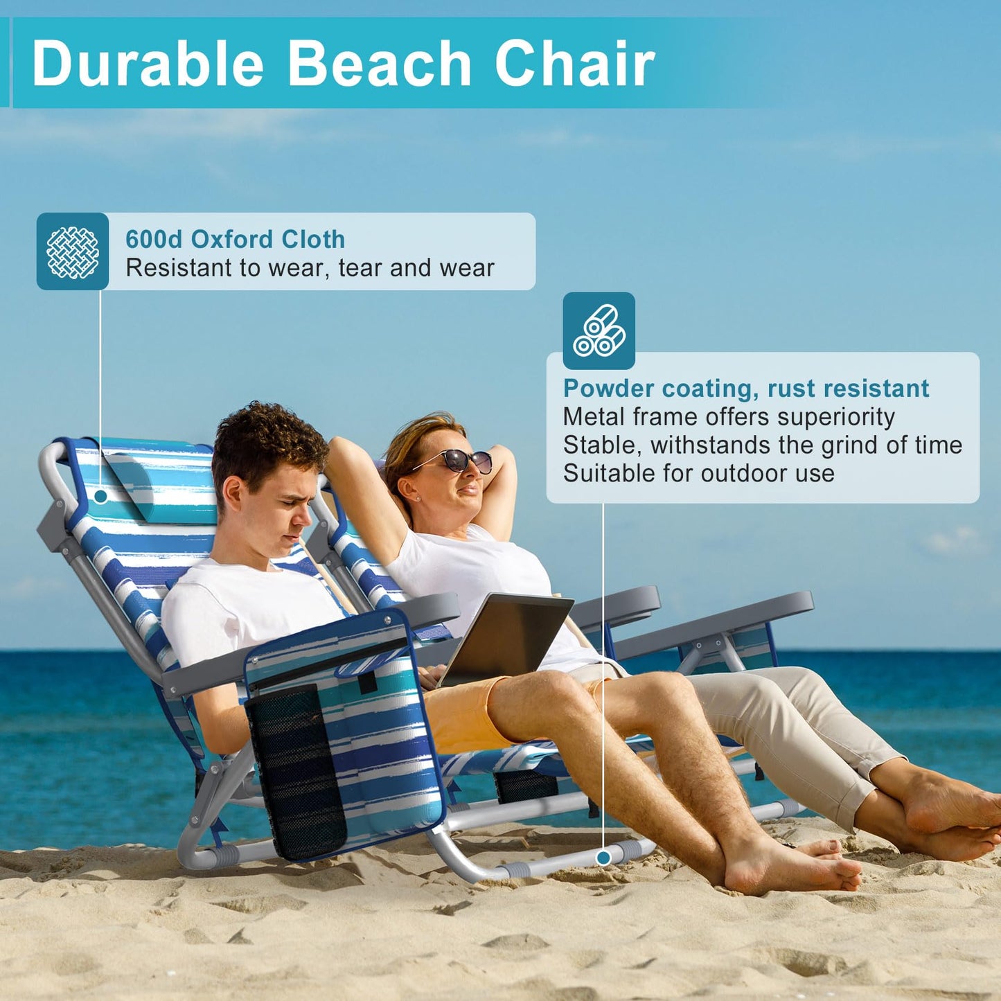 Suteck Beach Chair, Adjustable 5-Position Backpack Beach Chairs for Adults Kids, Foldable Lay Flat Chair with Cooler Bag, Cup Holder and Lumbar Pillow, Reclining Lay Down Chairs for Lawn Outdoor