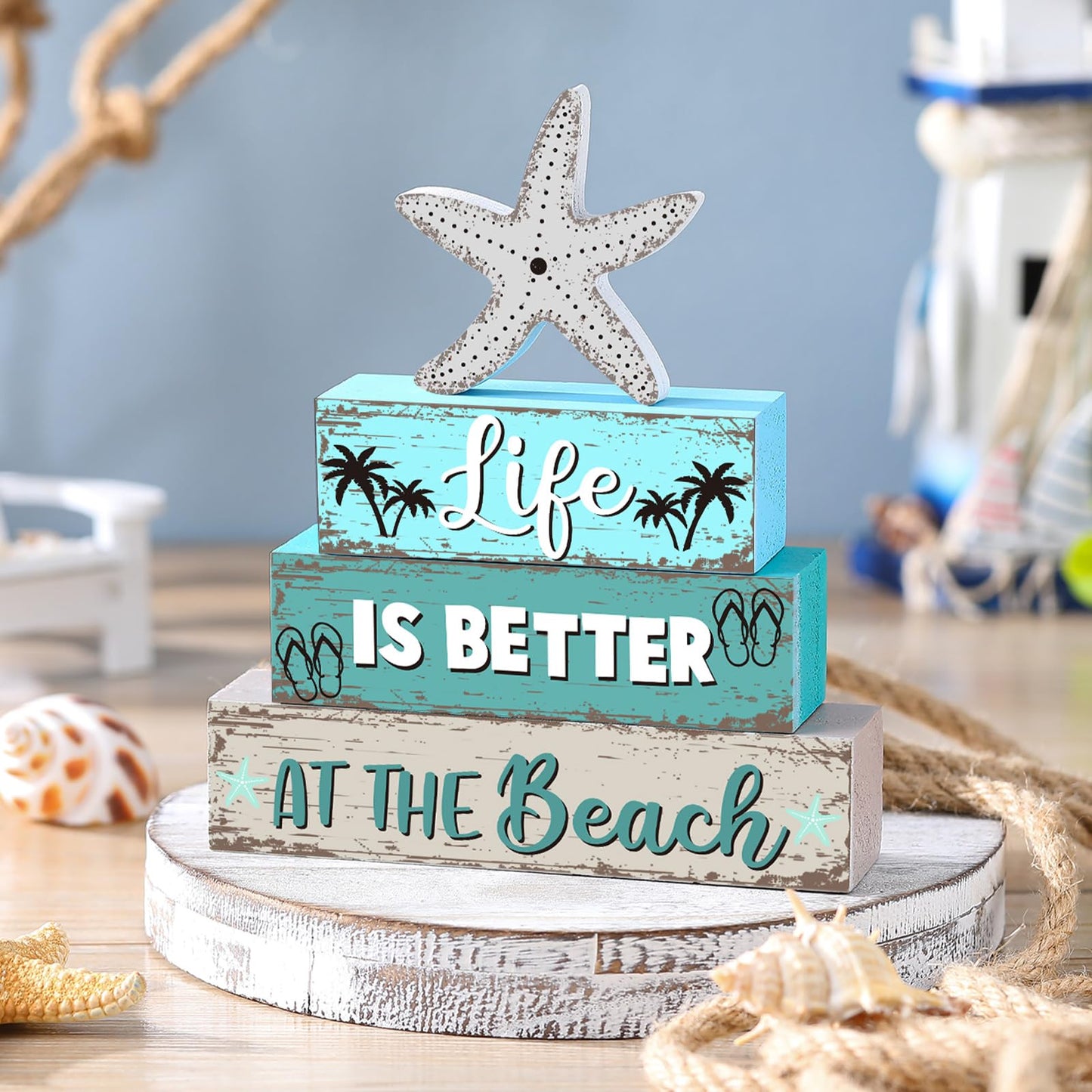 Geelin 4 Pcs Summer Table Decorations Ocean Life Better Wooden Block Signs Beach Theme Starfish Palm Slipper Tabletop Centerpieces Farmhouse Tiered Tray Decor for Home Table Kitchen Shelf