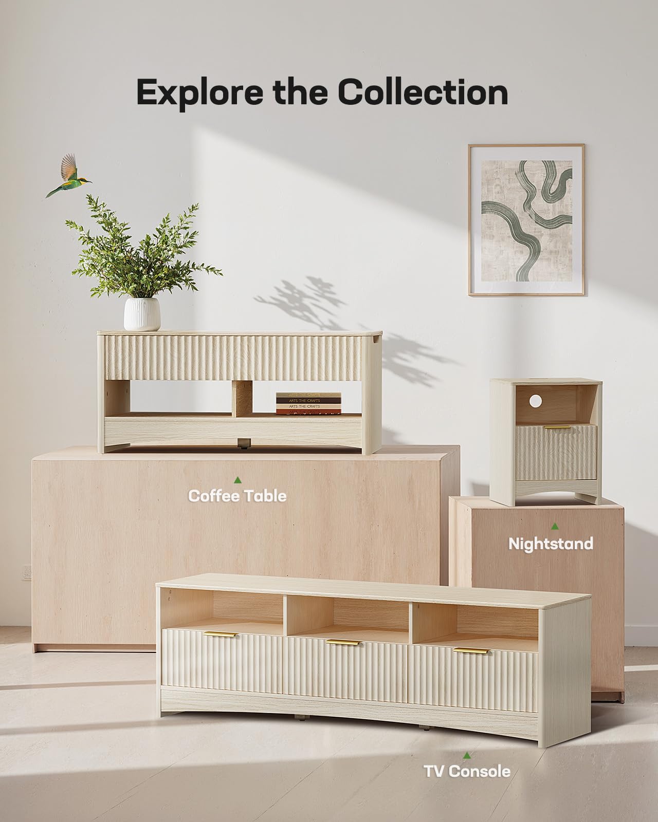 Marsail Lift Top Coffee Table with Open & Hidden Storage, Modern Fluted Coffee Table with Smooth Lift Mechanism, Sturdy Space-Saving Center Table for Home Living Room, Office, Natural Oak